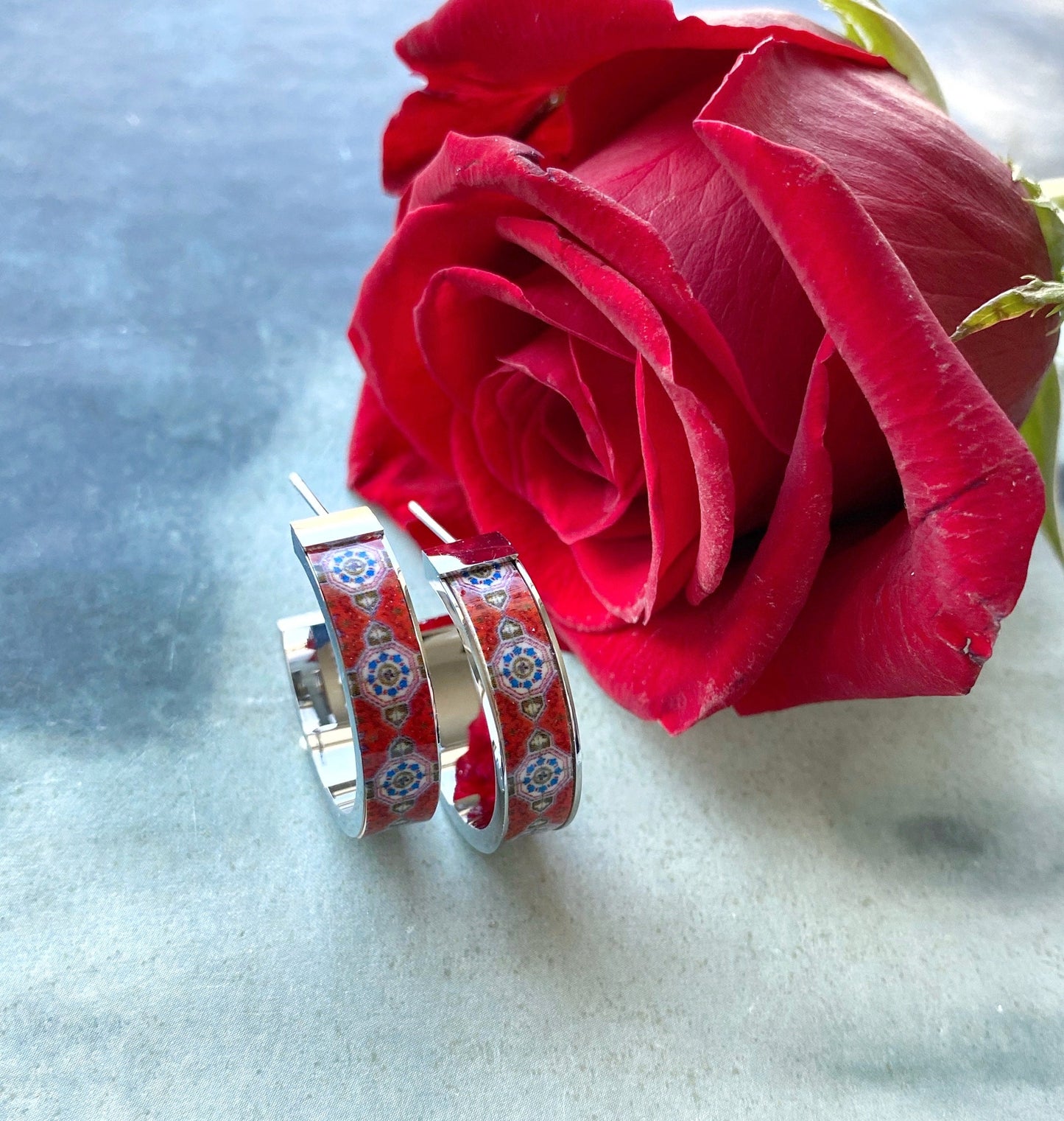 Earrings ATRIO Hoops RED Post Tile Portugal Stainless Steel Antique Azulejo Gift for her Ships from USA Gold or Silver 1" Valentine's Gift