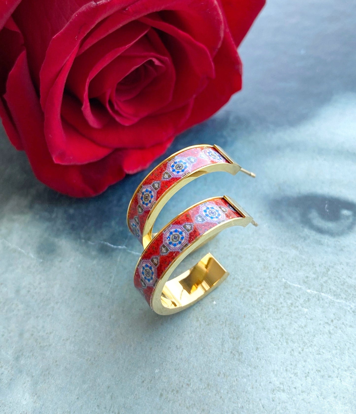 Earrings ATRIO Hoops RED Post Tile Portugal Stainless Steel Antique Azulejo Gift for her Ships from USA Gold or Silver 1" Valentine's Gift