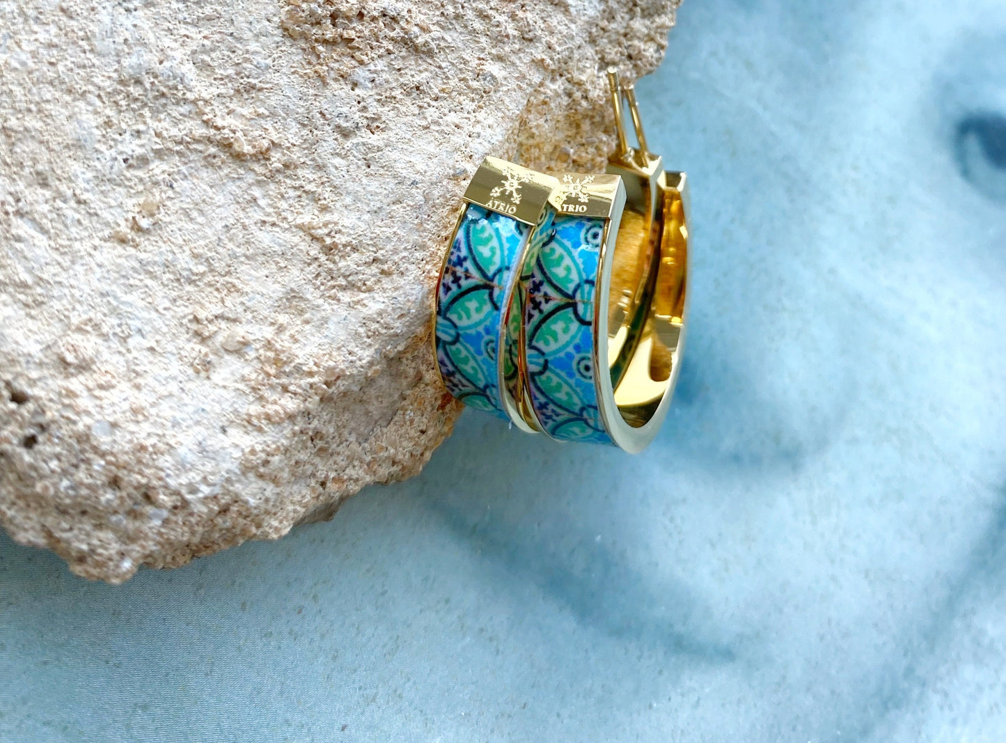 Earrings ATRIO Hoops Post Tile Portugal Sage Green Stainless Steel Antique Azulejo - Turquoise Minimal Ships from USA Gold or Silver 1"