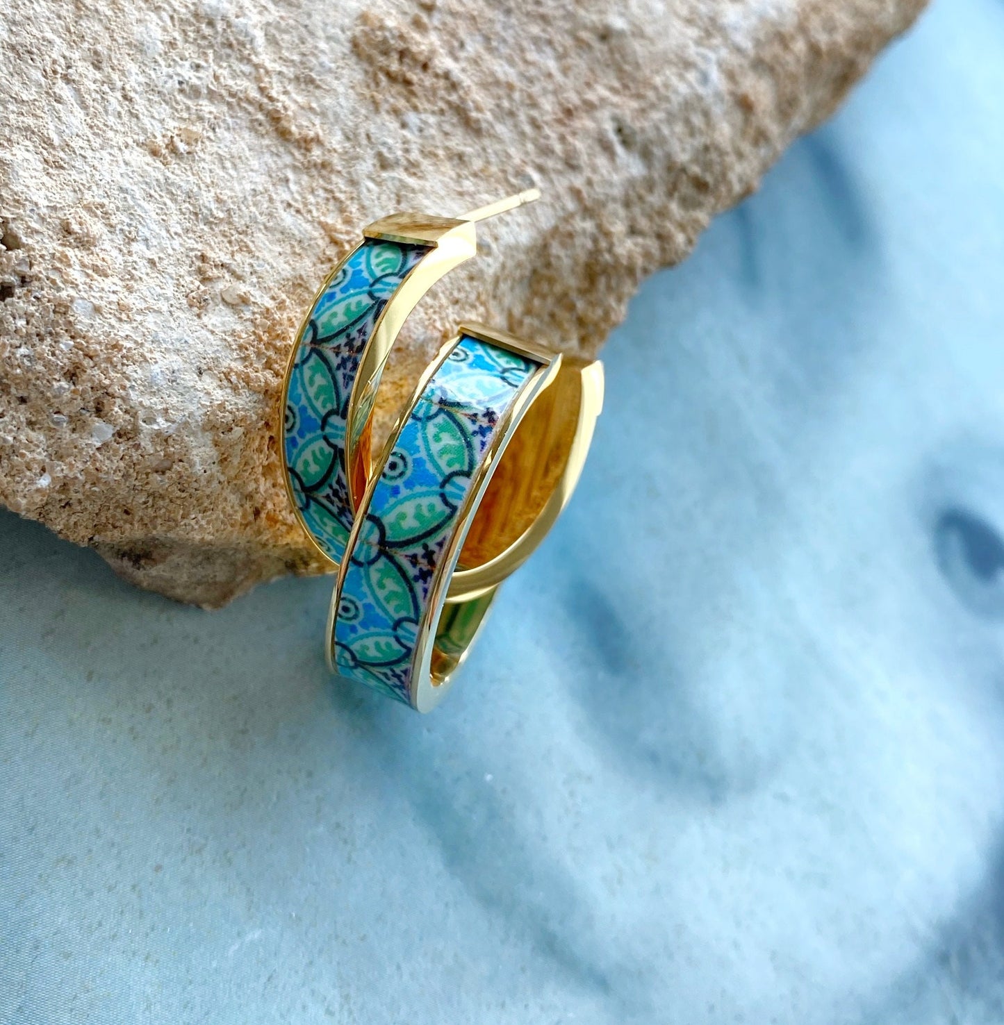 Earrings ATRIO Hoops Post Tile Portugal Sage Green Stainless Steel Antique Azulejo - Turquoise Minimal Ships from USA Gold or Silver 1"
