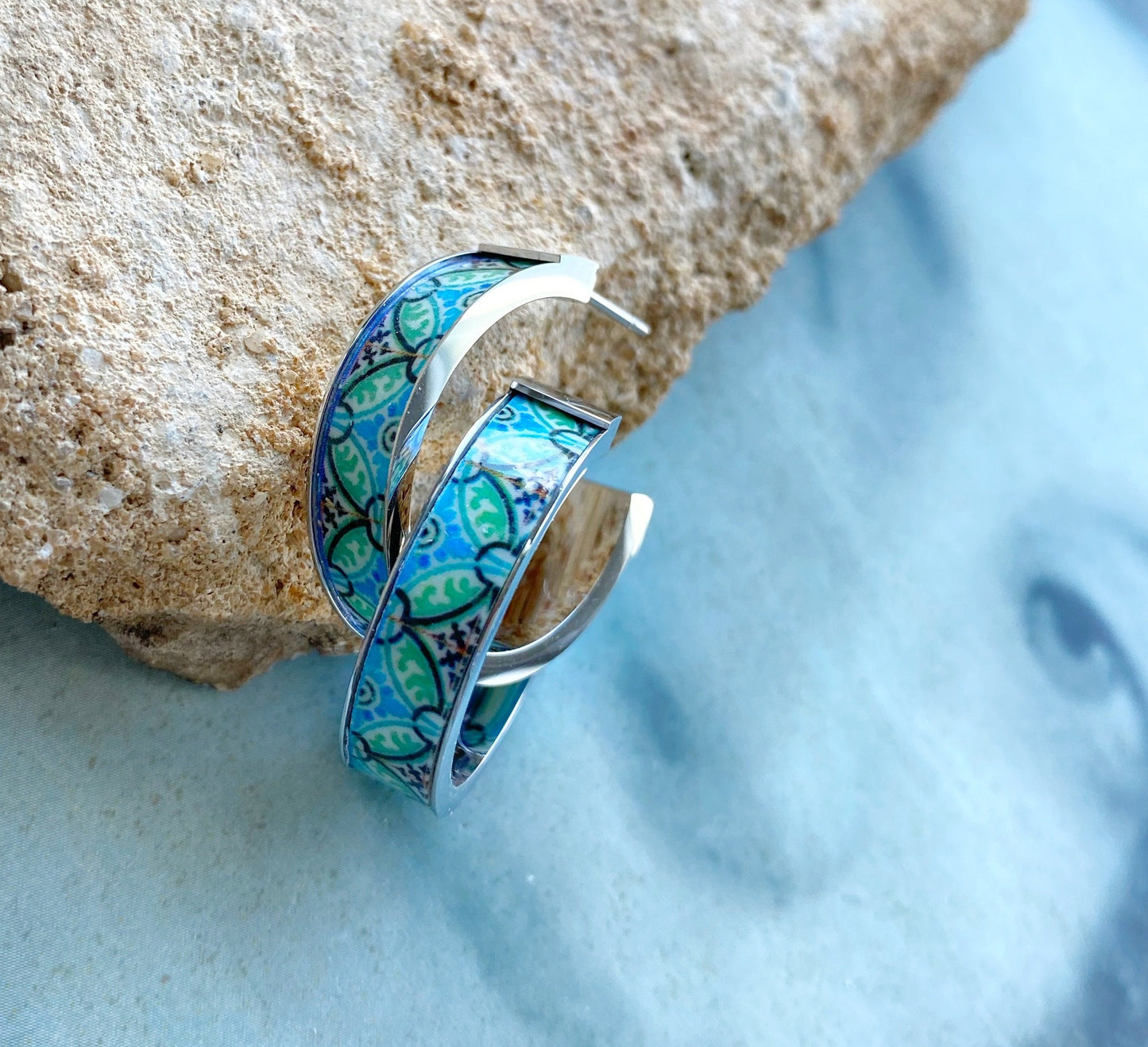 Earrings ATRIO Hoops Post Tile Portugal Sage Green Stainless Steel Antique Azulejo - Turquoise Minimal Ships from USA Gold or Silver 1"