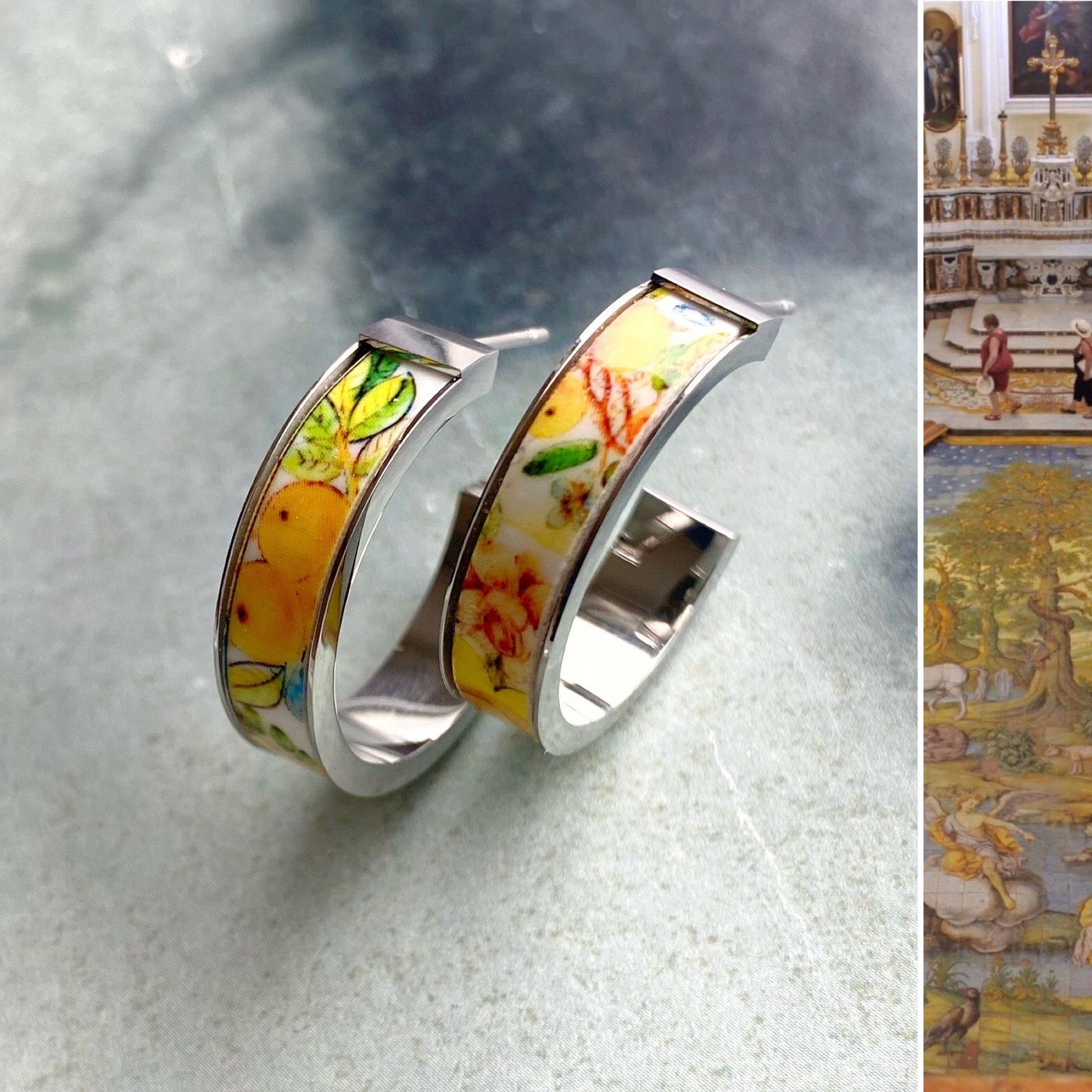 Atrio Hoops Earrings Tile Capri Italy Italian LEMONS 1" Hoops Church of St. Michael Anacapri 1761 Maoilica Majolica Summer Hoops