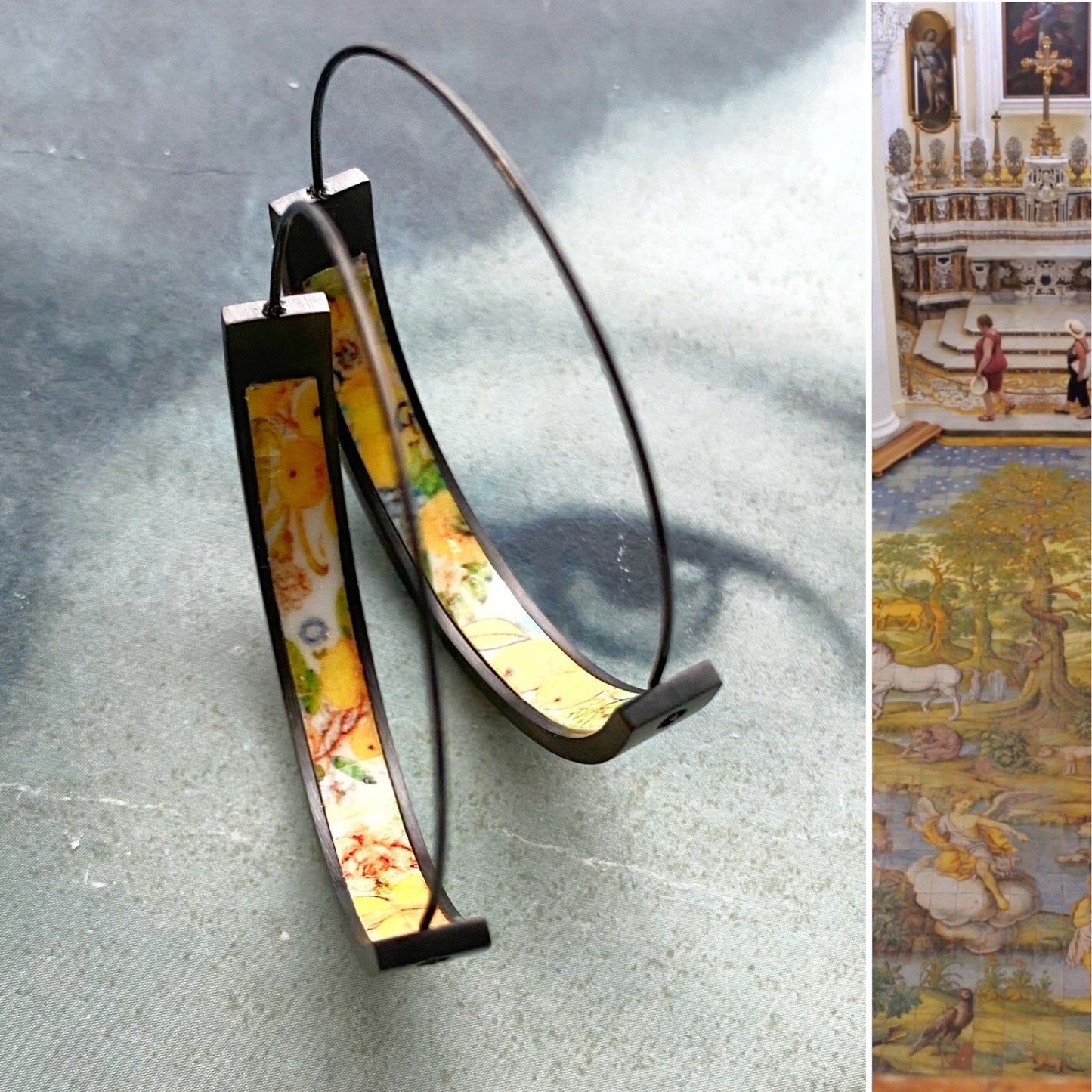 Atrio Hoops Earrings Black Capri Italy Italian LEMONS Church of St. Michael Anacapri 1761 Maoilica Majolica 1.50" Stainless Steel