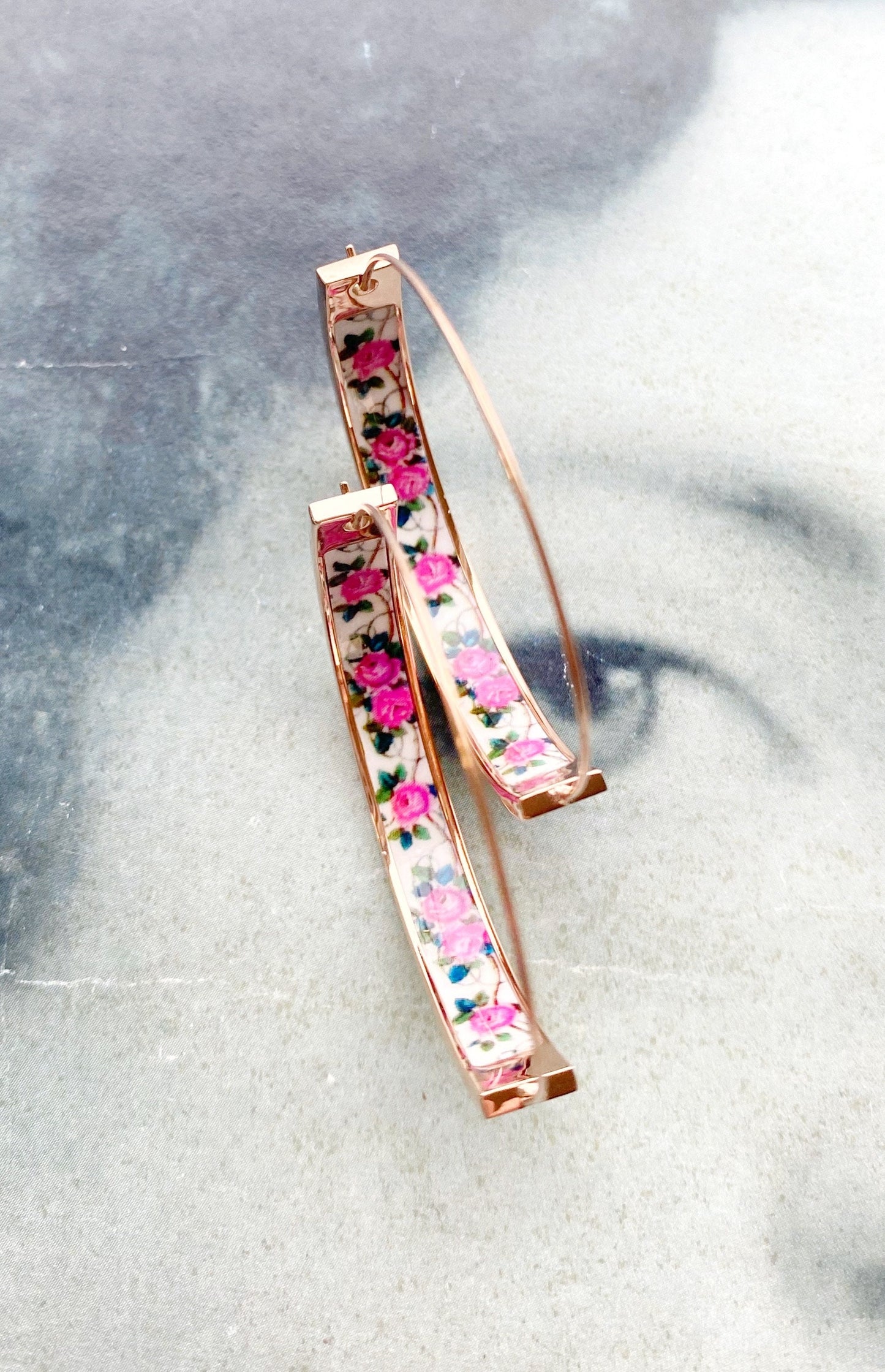 HOOPS Earrings Atrio Tile Portugal Roses Stainless Steel Antique Azulejo 1.5" Delicate Setubal Abandoned Building Ships from USA Rose Gold