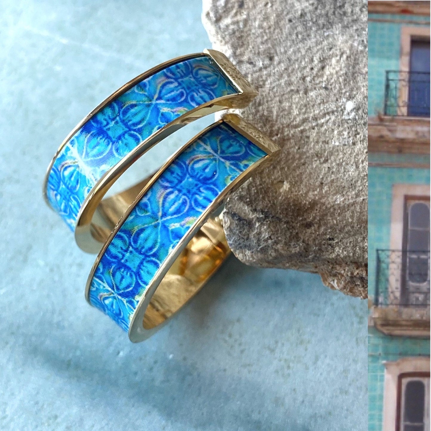 Atrio Hoop Earring Portugal Tile Turquoise Azulejo Caldas da Rainha Tiles Gift Boxed SOLID Stainless Steel Hypo Allergenic 1"