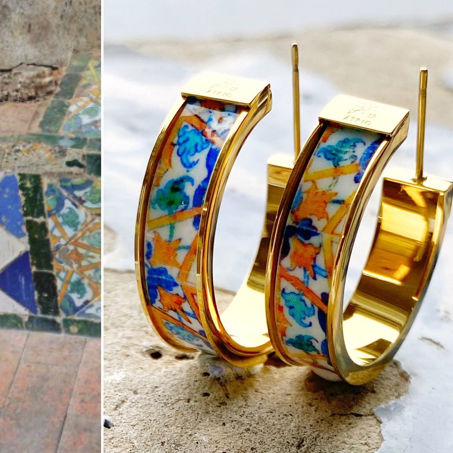 Atrio Hoop Earrings Ethnic Hoops Persian Hoops Tiles Quinta da Bacalhôa Azeitão Portugal Majolica Stainless Steel Hypoallergenic 1" Tribal