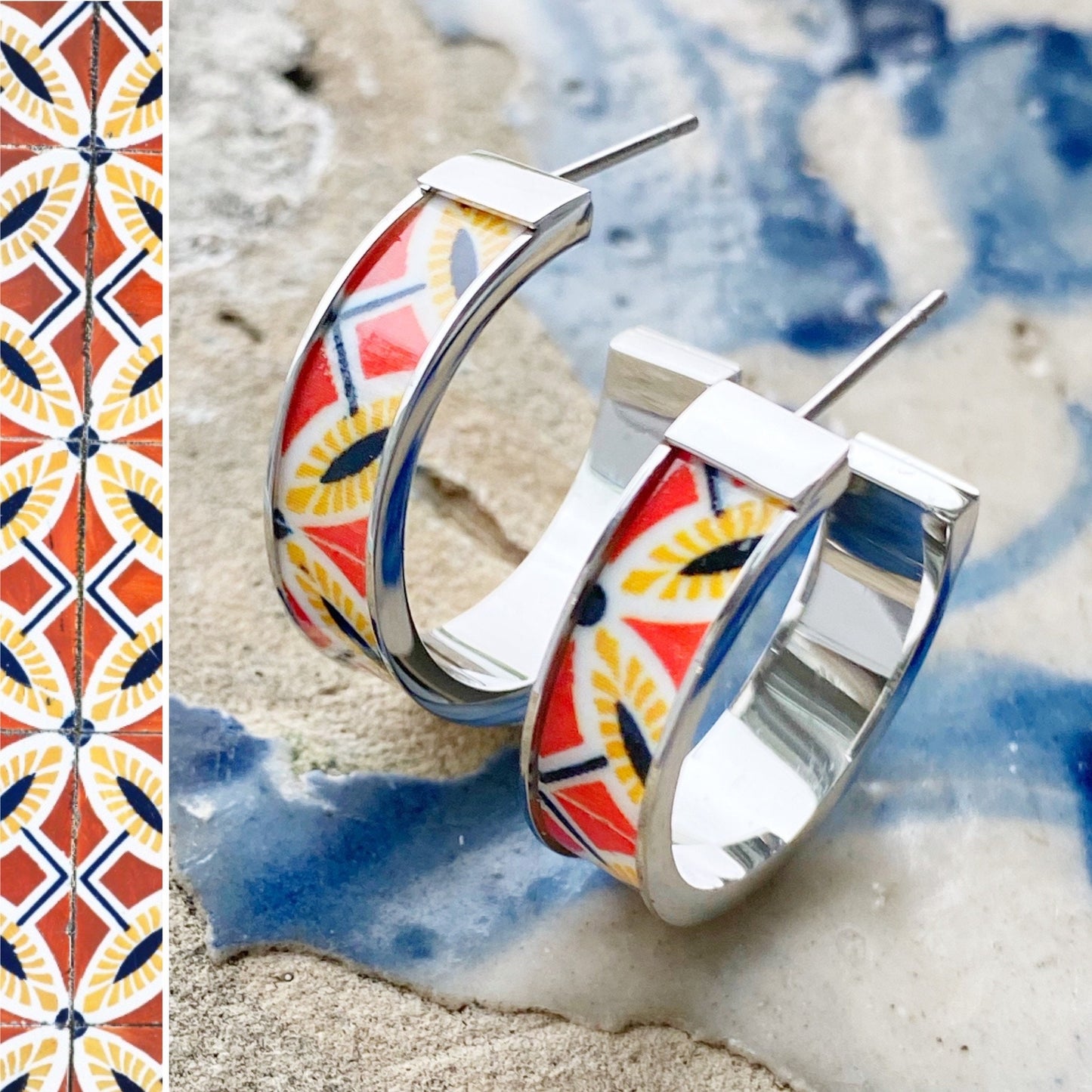 Atrio Earrings Hoops Tile Portugal Red Earrings Tribal Earrings Ethnic Earrings Ethnic Hoops - Aveiro Red Gift Boxed USA Shipping