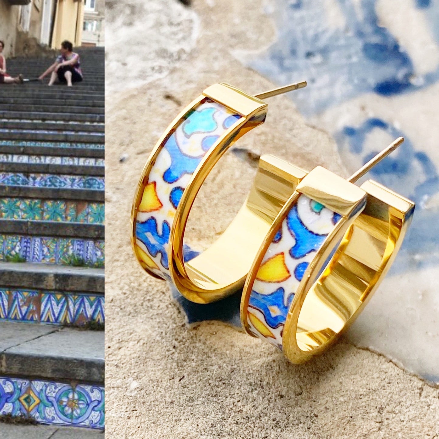 Atrio Earrings Hoop Tile Italy Italian Caltagirone Sicily Stairs Chandelier Majolica Maiolica Pottery - 142 Ceramic Steps USA Shipping