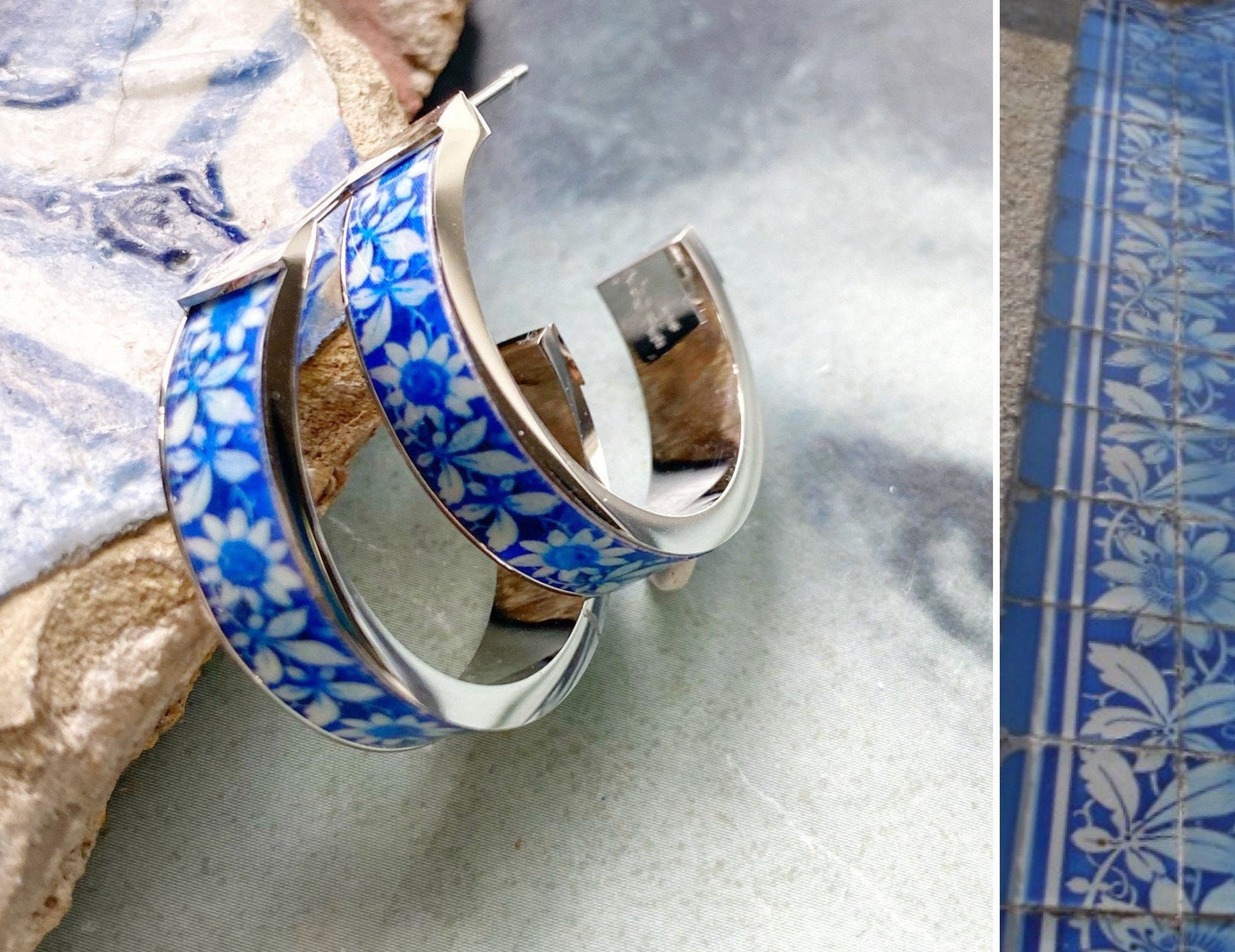 Gift for someone who has everything Atrio Hoops Tile Blue Portugal 1" Antique Azulejo Cortegaça OVAR Portugal Gold or Silver Stainless