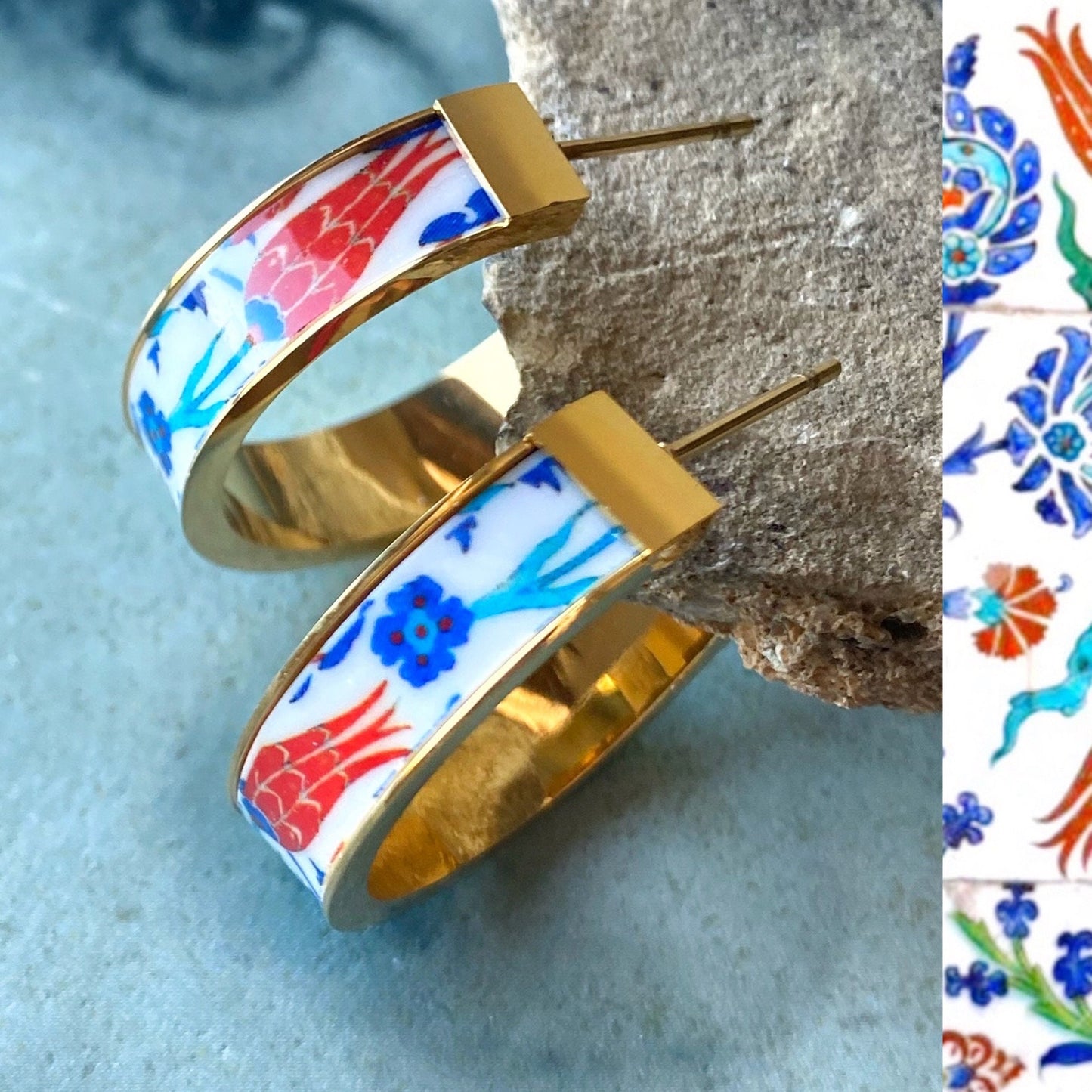 Atrio Hoops Earrings PERSIAN Arab Turkish İznik Pottery Ottoman Islamic Tulip - USA Shipping 1" Outer Stainless Steel with Gold wash