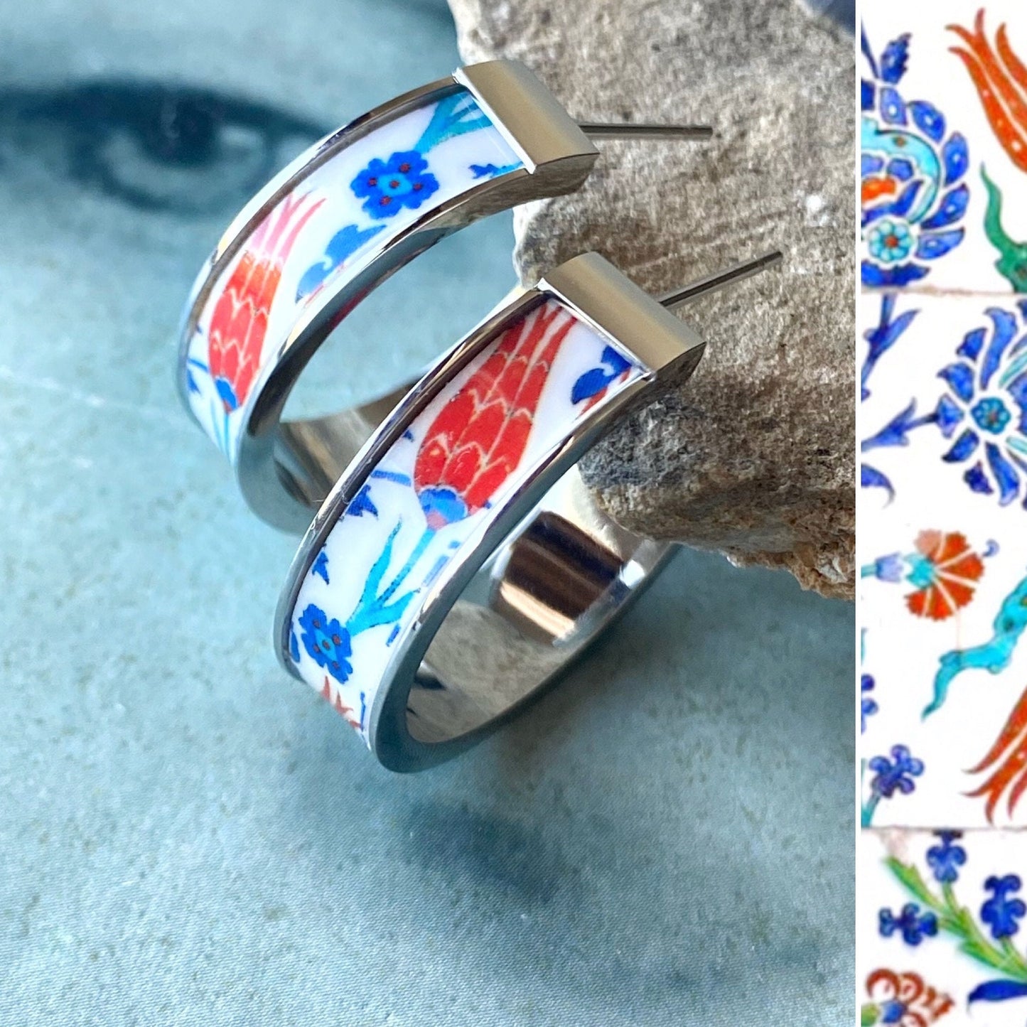 Atrio Hoops Earrings PERSIAN Arab Turkish İznik Pottery Ottoman Islamic Tulip - USA Shipping 1" Outer Stainless Steel with Gold wash