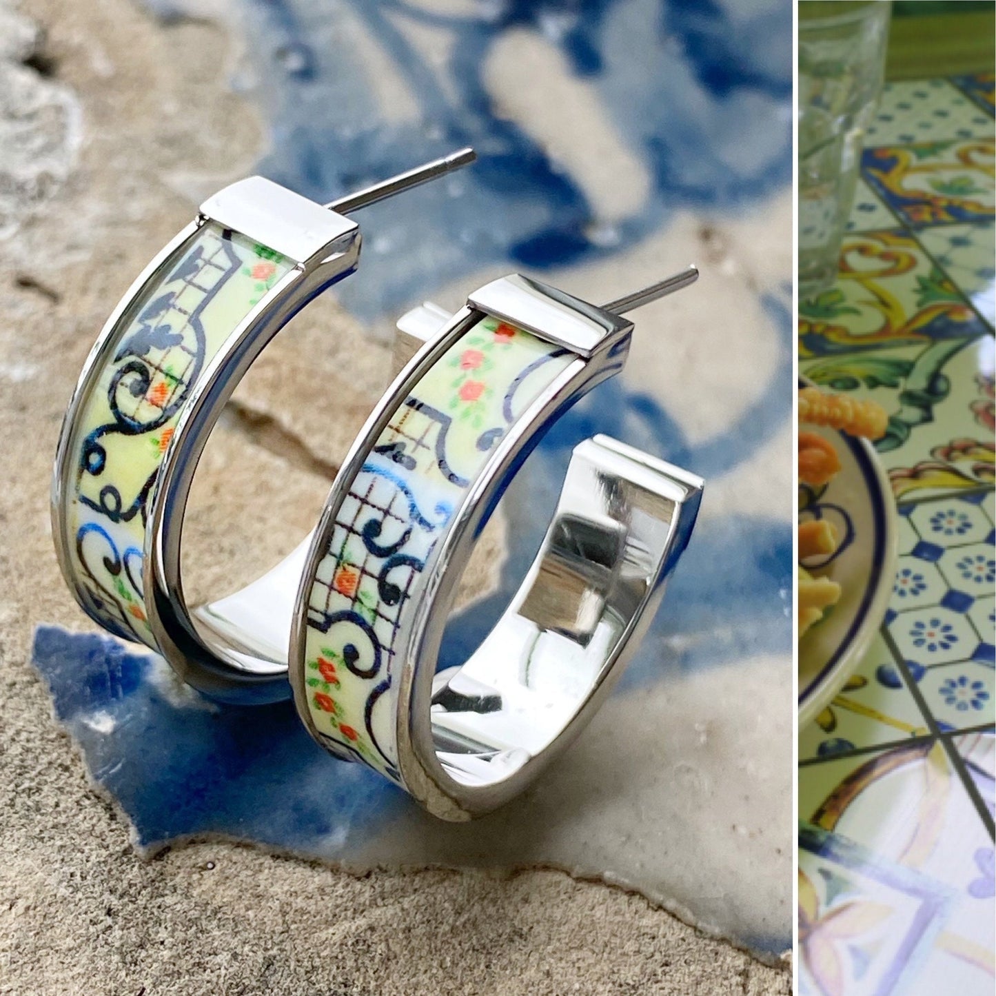 Atrio Hoops Earrings Tile Capri Italy Italian 1" Hoops Restaurant in Anacapri Maoilica Majolica Summer Hoops