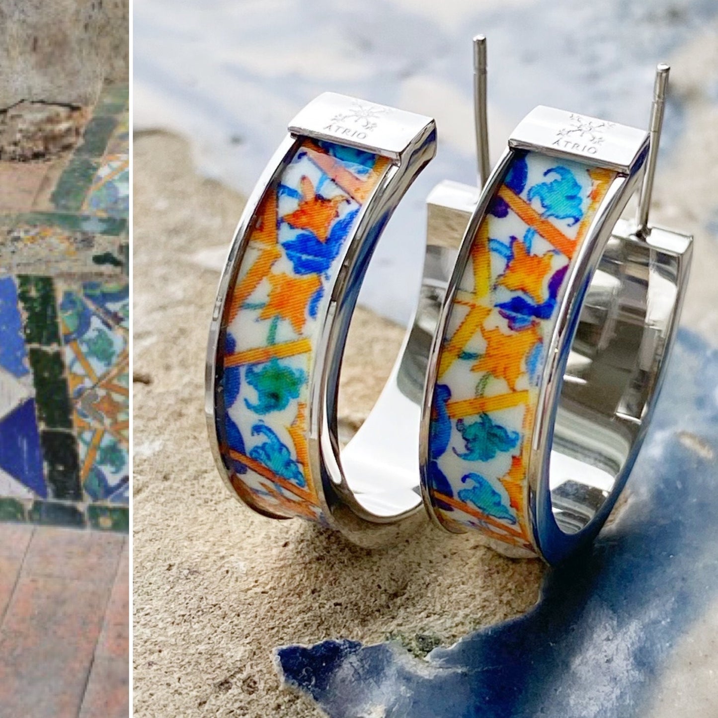 Atrio Hoop Earrings Ethnic Hoops Persian Hoops Tiles Quinta da Bacalhôa Azeitão Portugal Majolica Stainless Steel Hypoallergenic 1" Tribal
