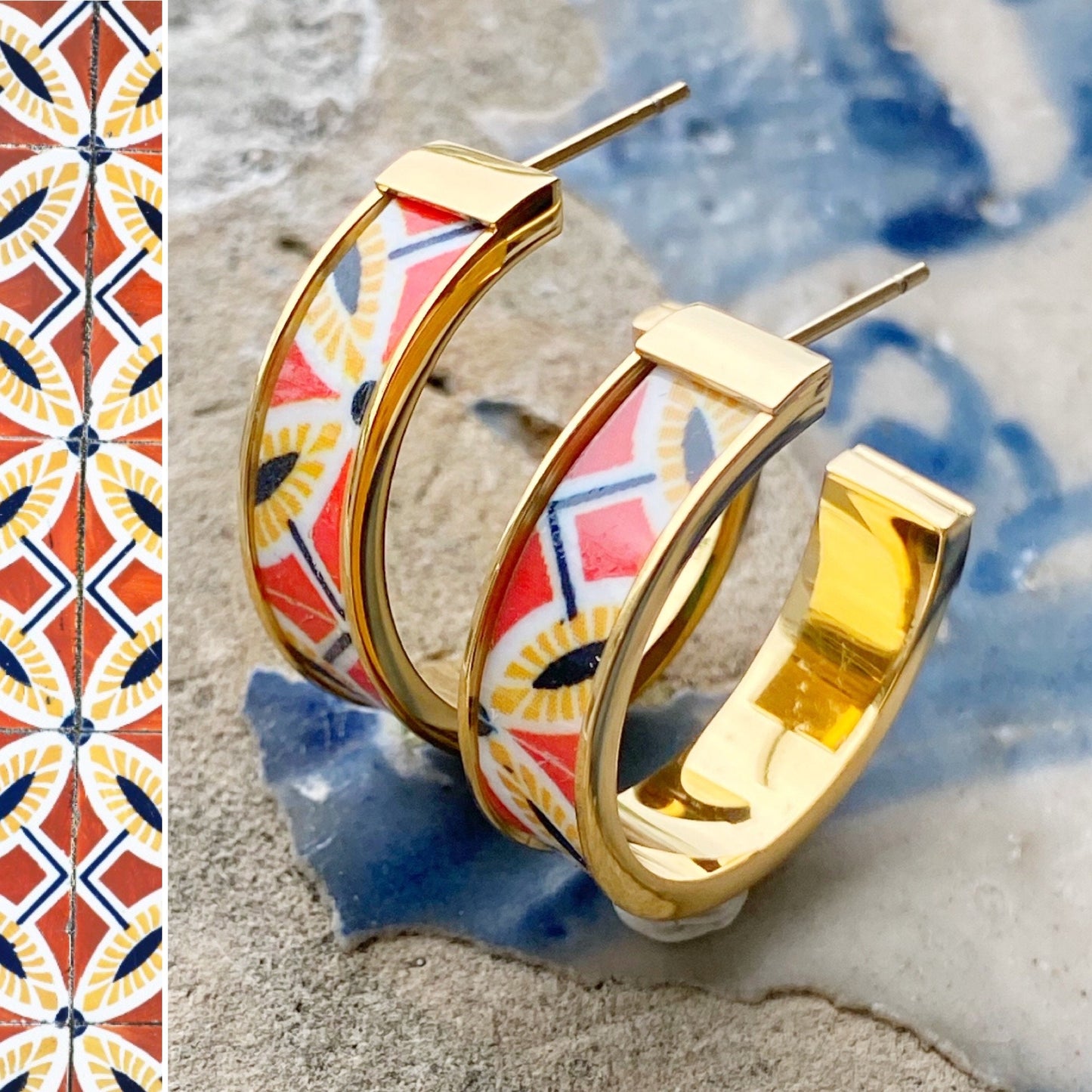 Atrio Earrings Hoops Tile Portugal Red Earrings Tribal Earrings Ethnic Earrings Ethnic Hoops - Aveiro Red Gift Boxed USA Shipping