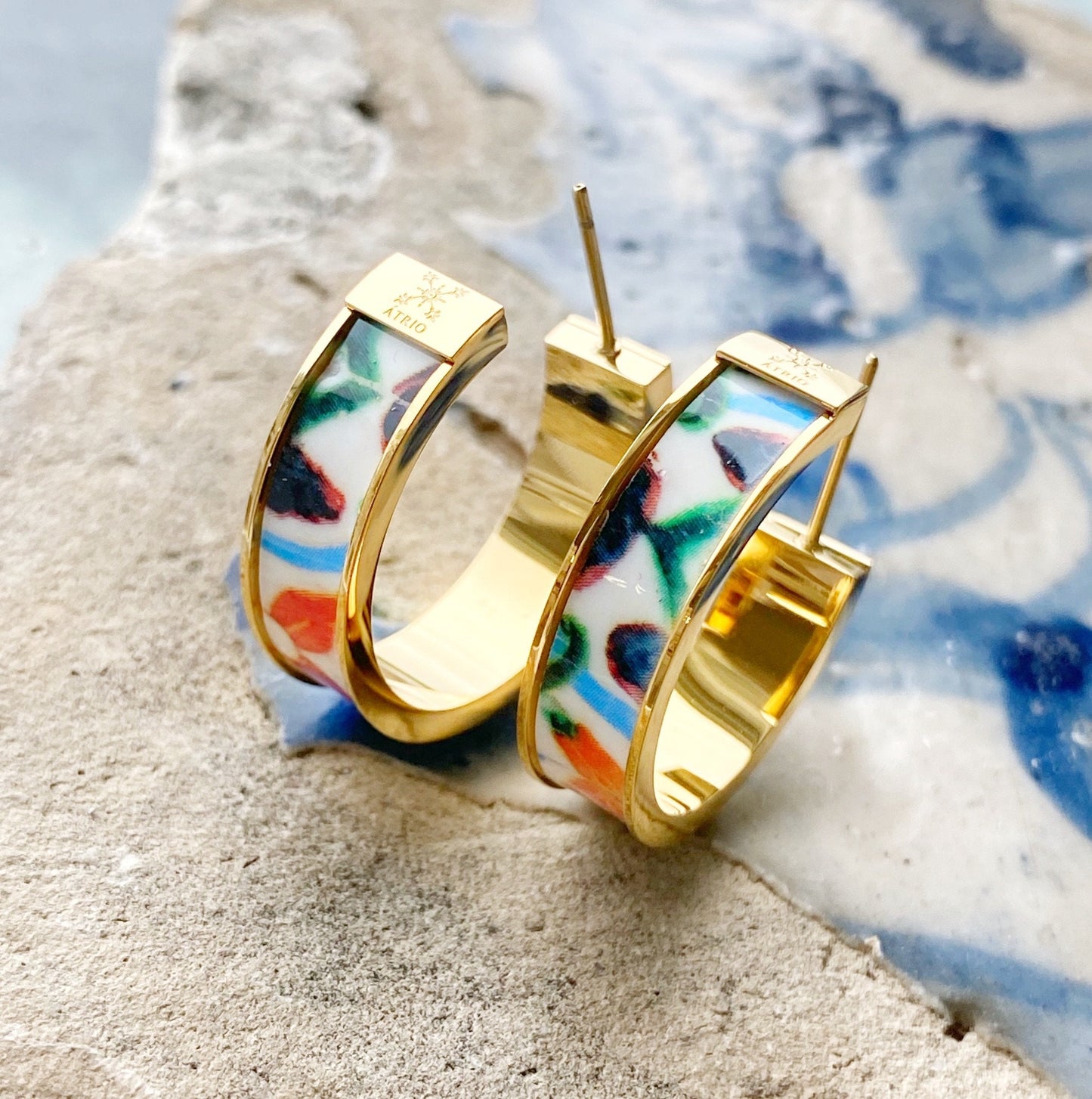 Atrio Hoop Earrings Portugal Antique Azulejo Tile BRAGA Green and Orange! Stainless Steel Hoops Tile Hoops Atrio Earrings Portugal Earring