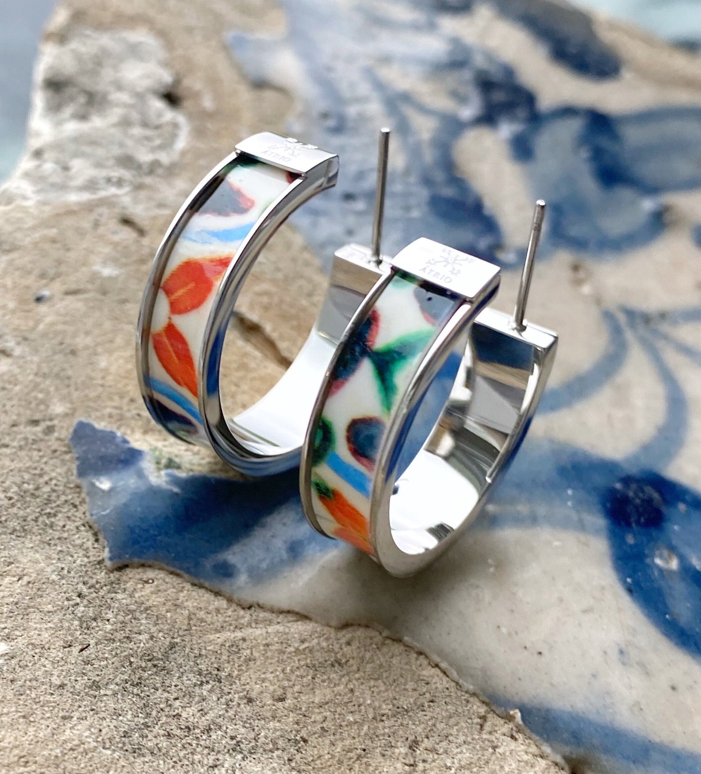 Atrio Hoop Earrings Portugal Antique Azulejo Tile BRAGA Green and Orange! Stainless Steel Hoops Tile Hoops Atrio Earrings Portugal Earring