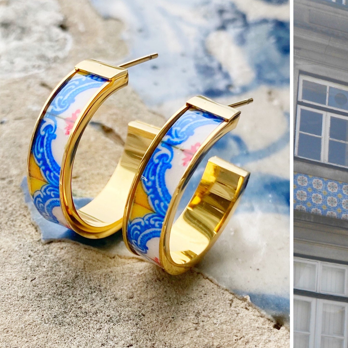 Atrio Hoops Earrings Yellow and Blue Tile Portugal Antique Azulejo STAINLESS Porto Ships from USA 1" Gold or Silver