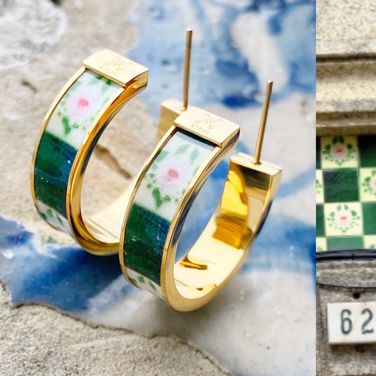 Atrio Earrings Hoops Portugal Tile Hoops Green Roses Antique Azulejo Tile Portuguese Vila do Conde Stainless Steel