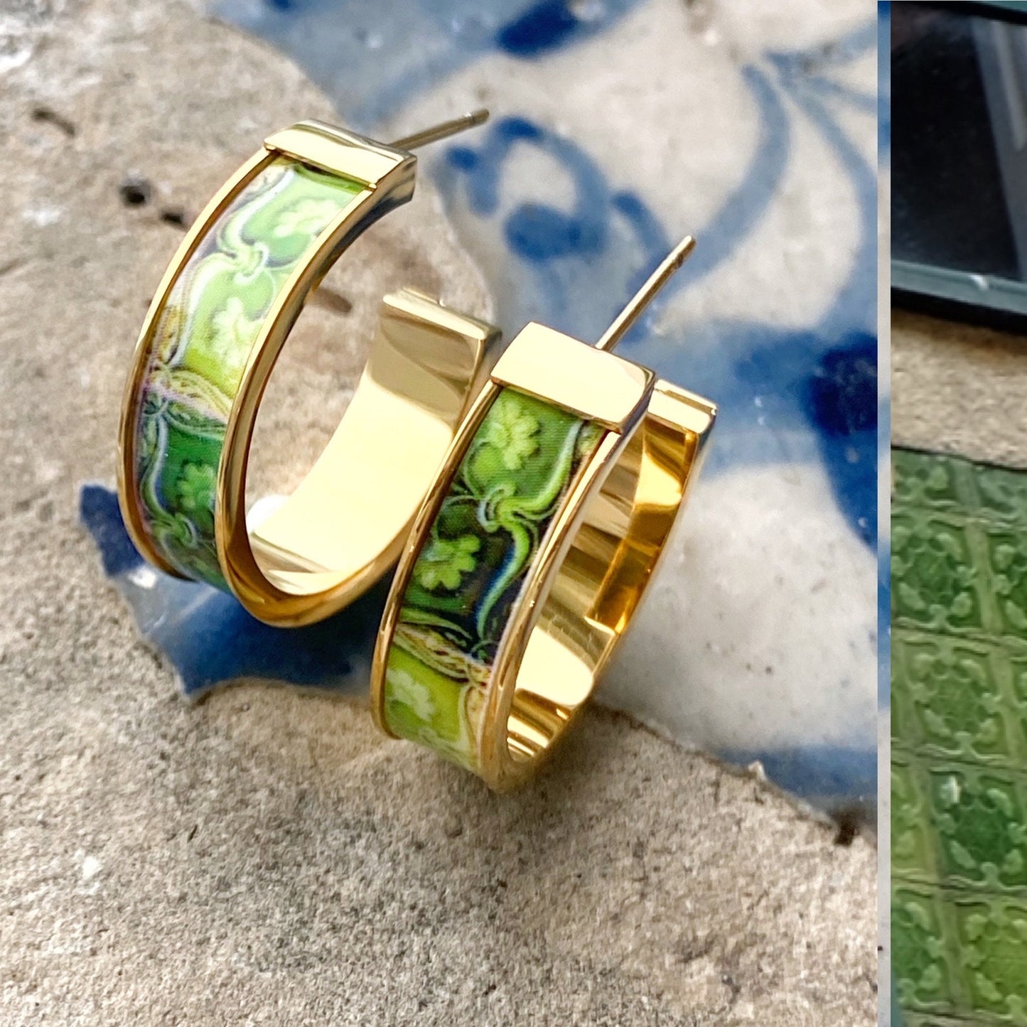 Atrio Earrings Hoops Portugal Tile Hoops Green Tiles Antique Azulejo Tile Portuguese Vila do Conde and Lisbon Stainless Steel