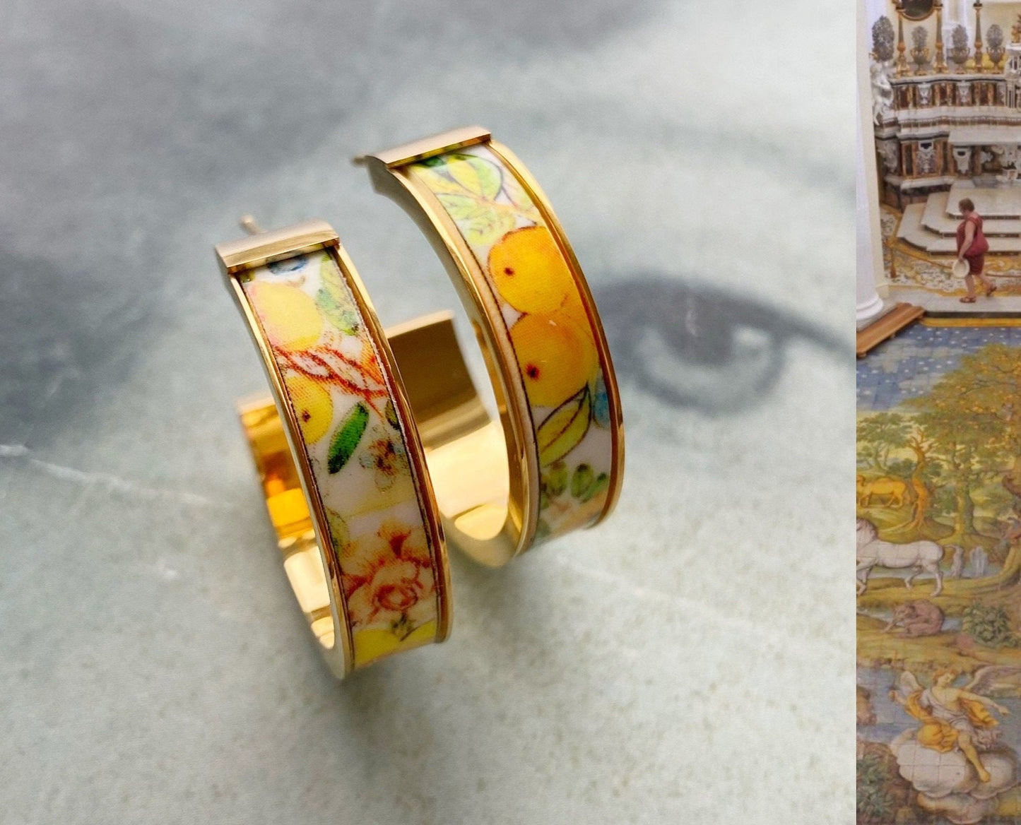 Atrio Hoops Earrings Tile Capri Italy Italian LEMONS 1" Hoops Church of St. Michael Anacapri 1761 Maoilica Majolica Summer Hoops