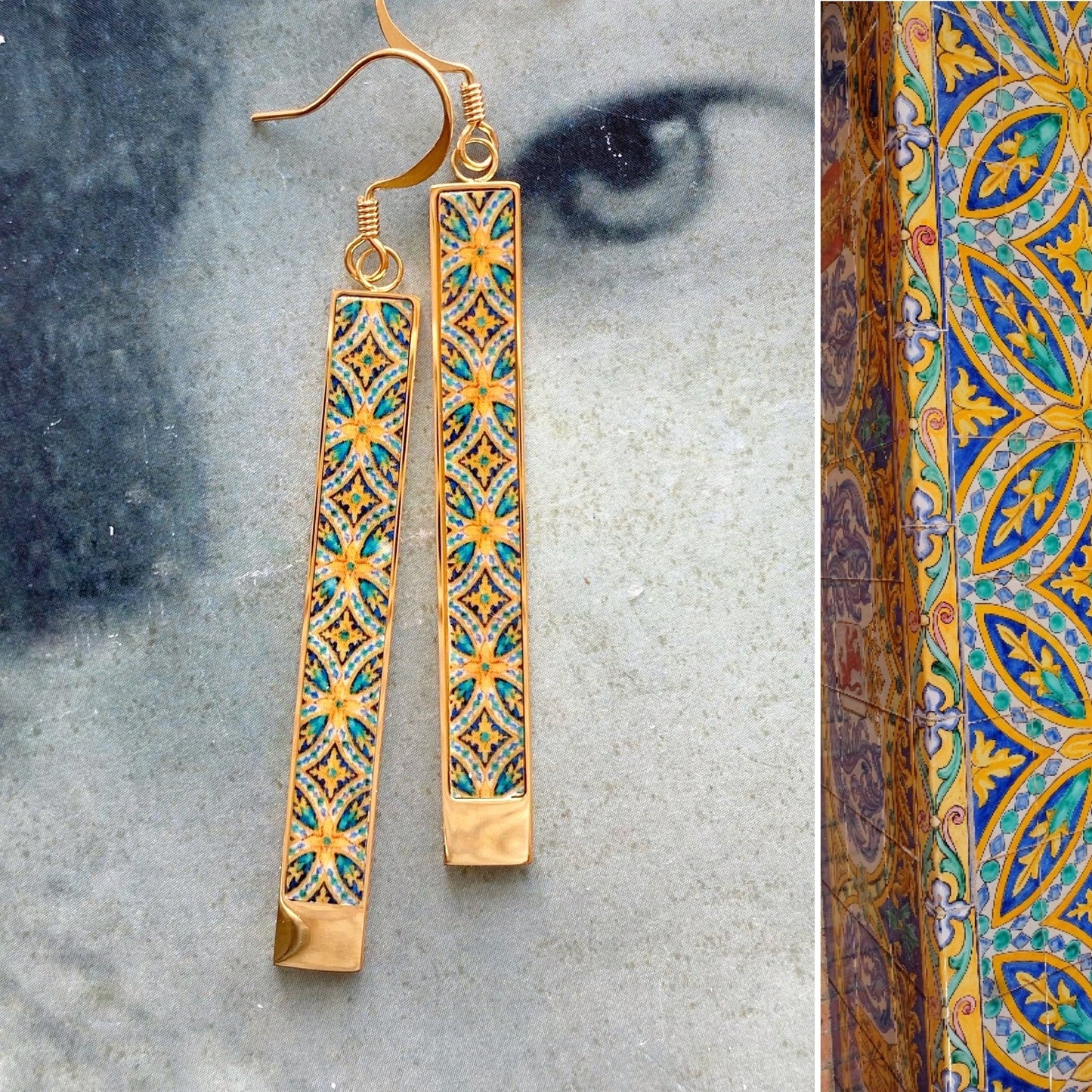 Spanish Tile Earrings Spain Earrings Plaza de Espana Seville Tile earrings Atrio Tiles Boho Atrio Tile ethnic Earrings Green Brown