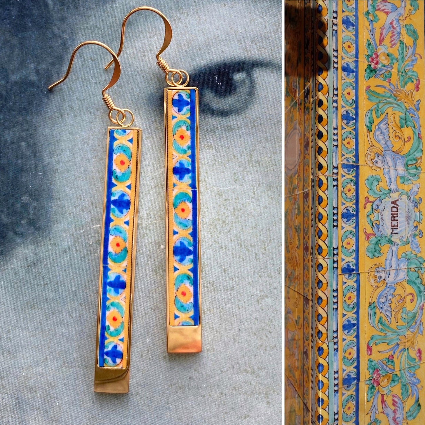 Spanish Tile Earrings Spain Earrings Plaza de Espana Seville Tile earrings Atrio Tiles Boho Atrio Tile ethnic Earrings Blue Orange