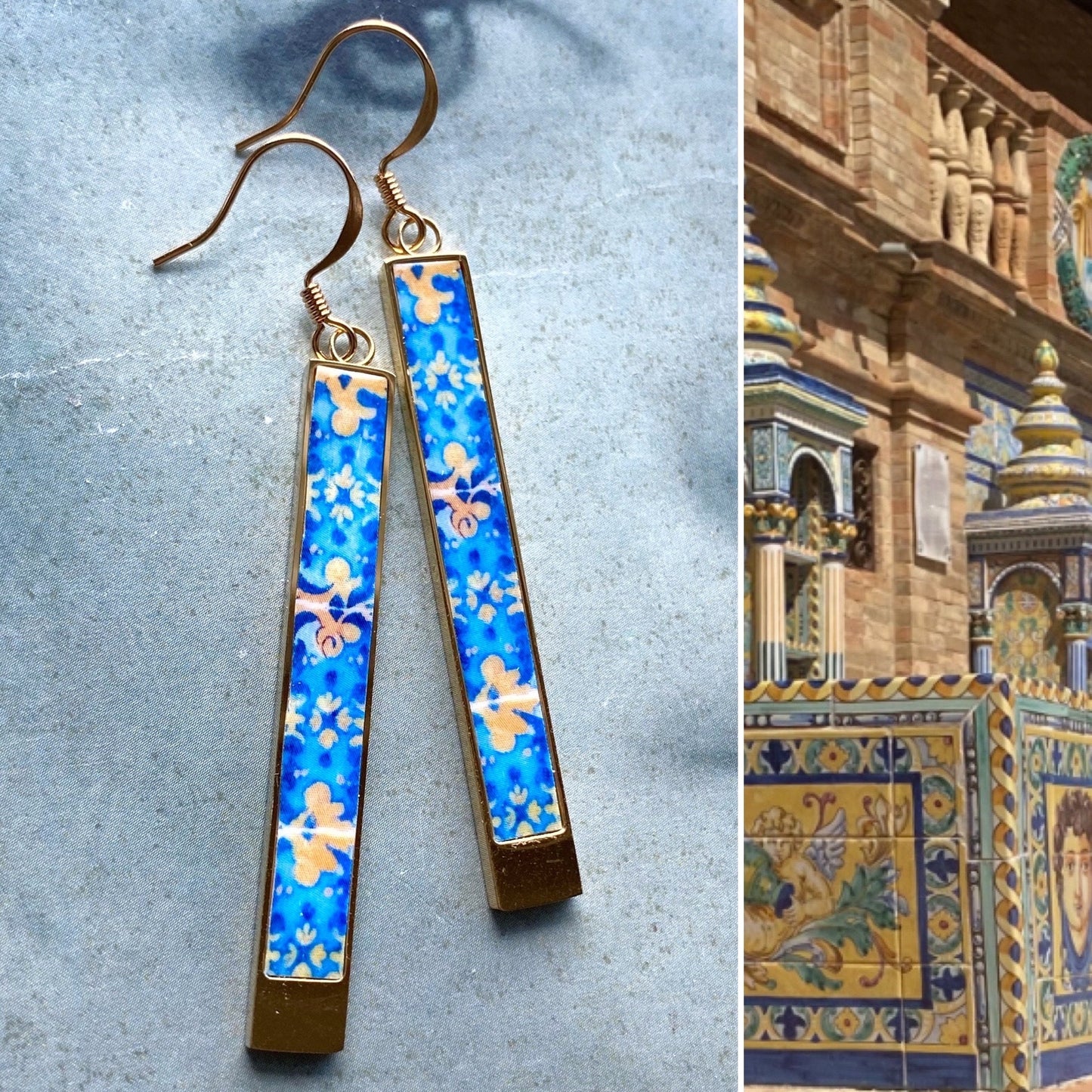 Spanish Tile Earrings Spain Earrings Plaza de Espana Seville Tile earrings Atrio Tiles Boho Atrio Tile ethnic Earrings Blue yellow