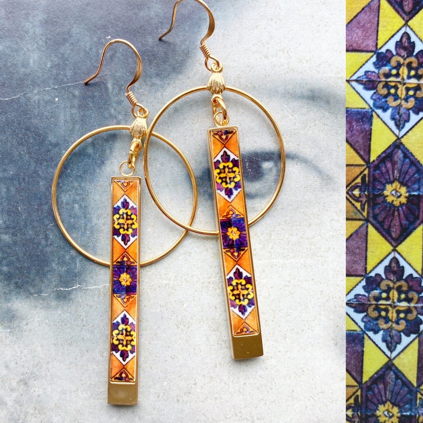 Brown ATRIO Earrings Circle Bar Tile Brown Earrings Geometric Portugal Stainless Steel Antique Azulejo Ethnic Earrings Gold Silver