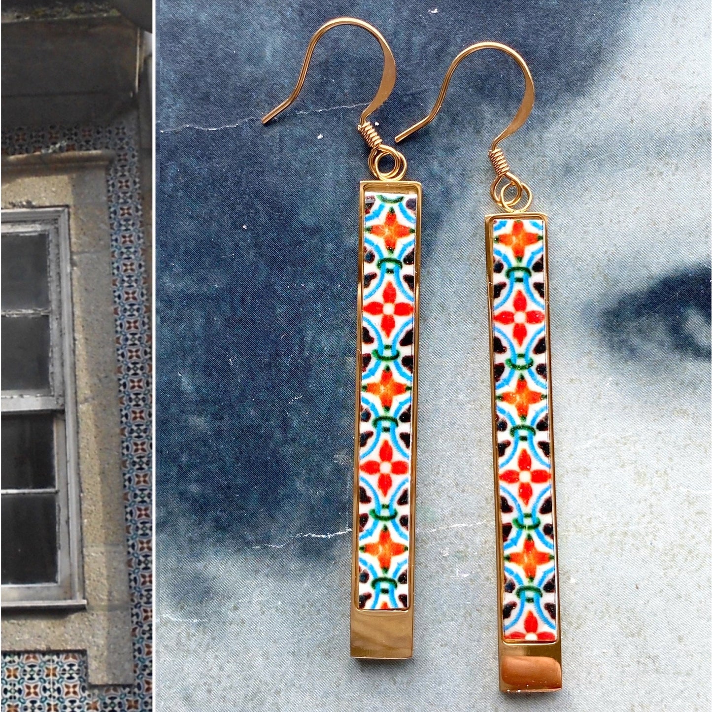 Atrio Earrings Portugal Bar Antique Azulejo Tile BRAGA Green and Orange! Stainless Steel Atrio Earrings Portugal Earring