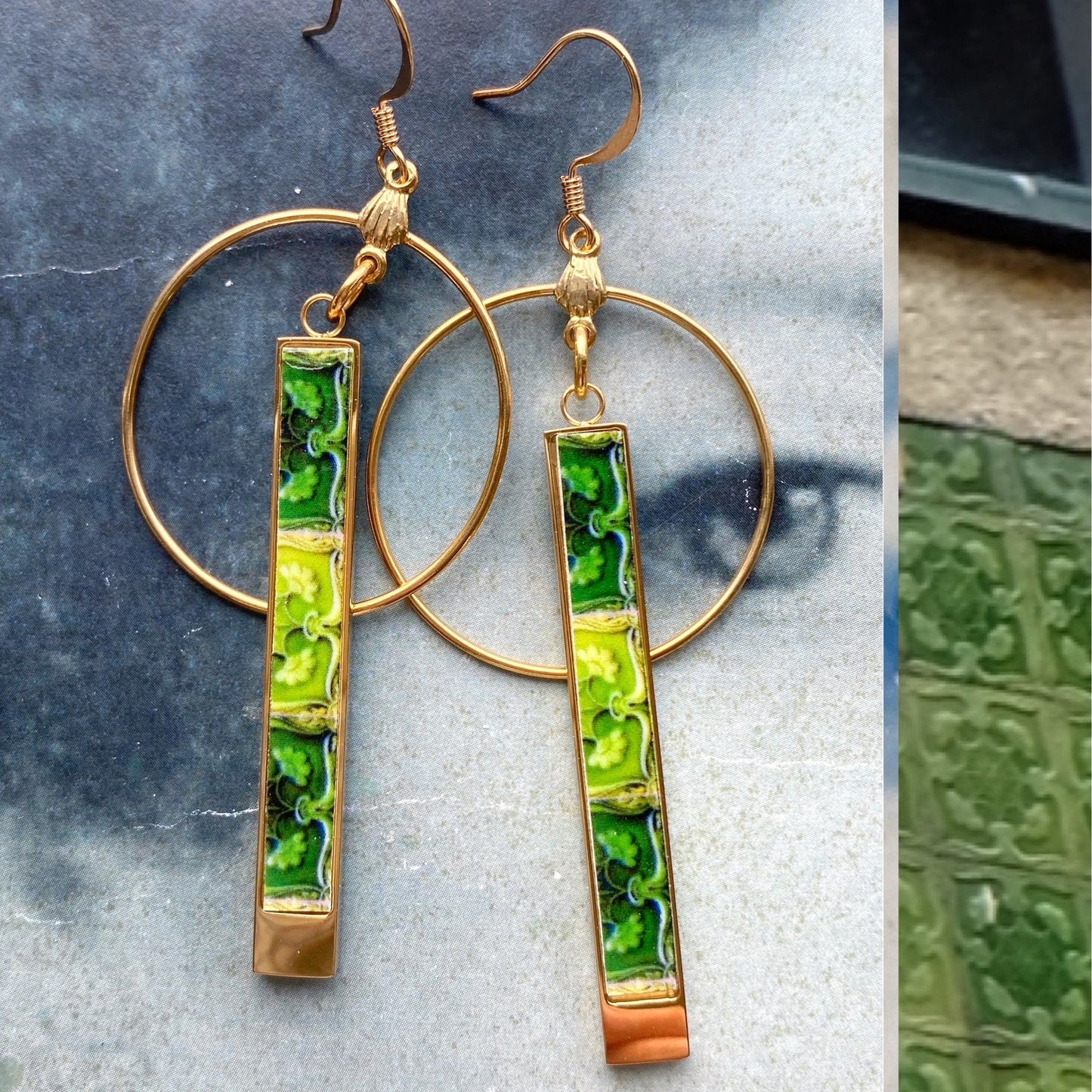 Atrio Earrings Circle Bar Portugal Tile Hoops Green Tiles Antique Azulejo Tile Portuguese Vila do Conde and Lisbon Stainless Steel