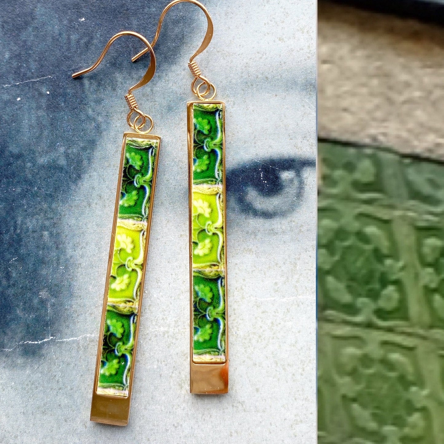 Atrio Earrings Bar Portugal Tile Hoops Green Tiles Antique Azulejo Tile Portuguese Vila do Conde and Lisbon Stainless Steel