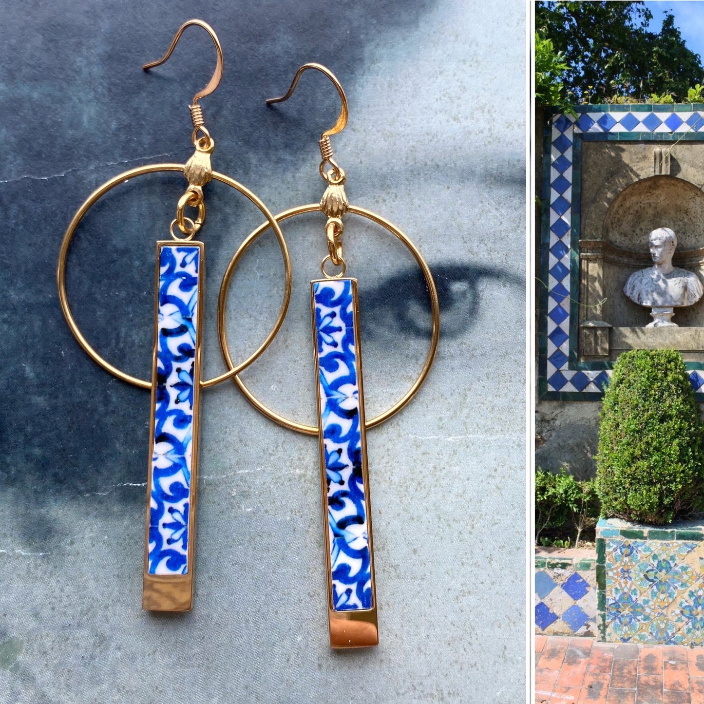 Atrio Hoop Earrings Tiles Circle Bar Óbidos Majolica Stainless Steel Hypoallergenic Minimal Ships from USA Gold or Silver Gift for Her