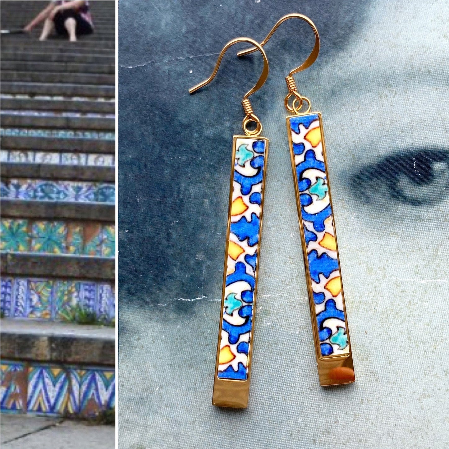 Atrio Earrings Bar Tile Italy Italian Caltagirone Sicily Stairs Chandelier Majolica Maiolica Pottery 142 Ceramic Steps Bar Earrings