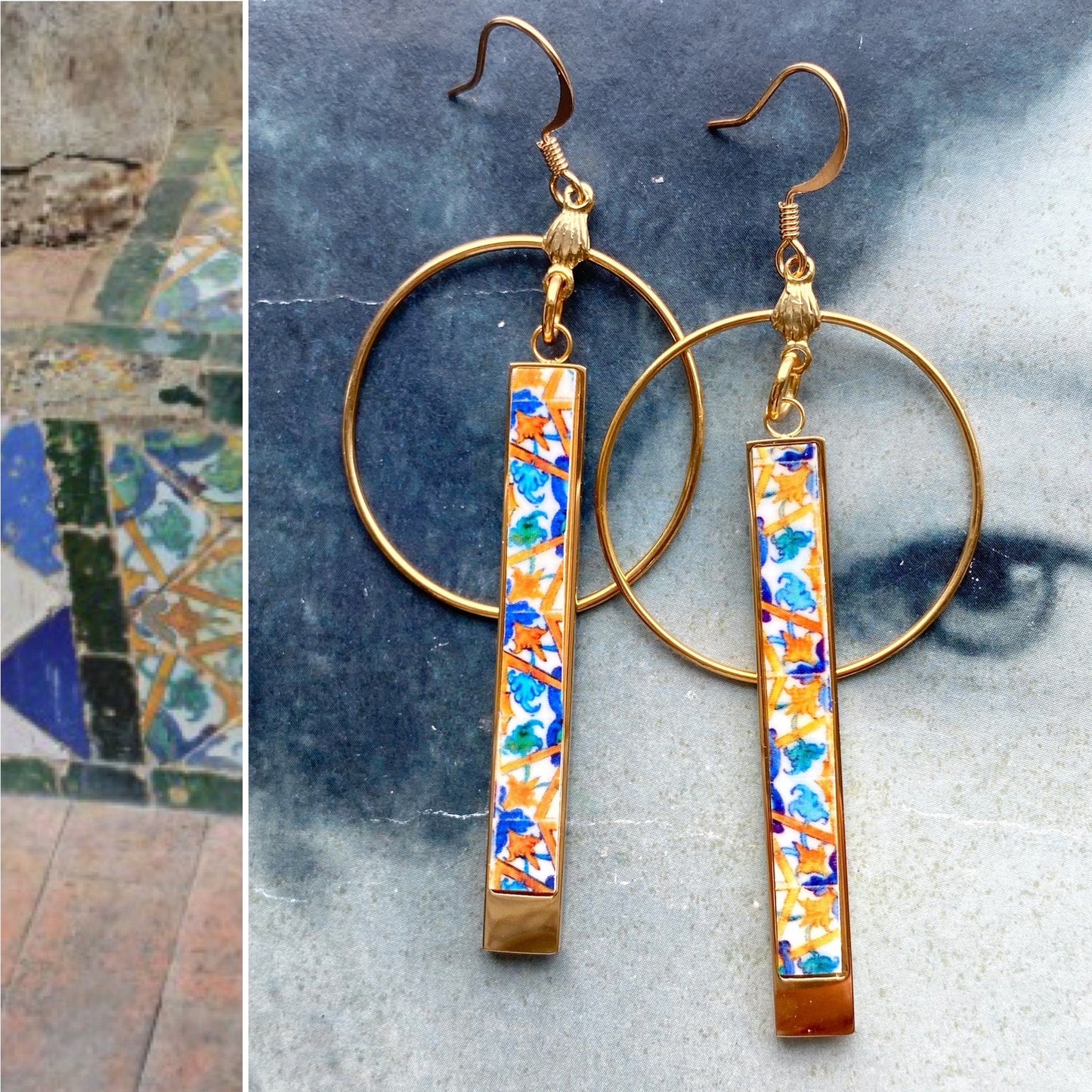 Atrio Earrings Ethnic Circle Bar Persian Hoops Tiles Quinta da Bacalhôa Azeitão Portugal Majolica Stainless Steel Hypoallergenic Tribal