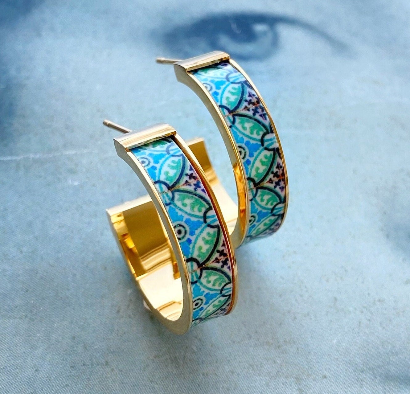 Earrings ATRIO Hoops Post Tile Portugal Sage Green Stainless Steel Antique Azulejo - Turquoise Minimal Ships from USA Gold or Silver 1"