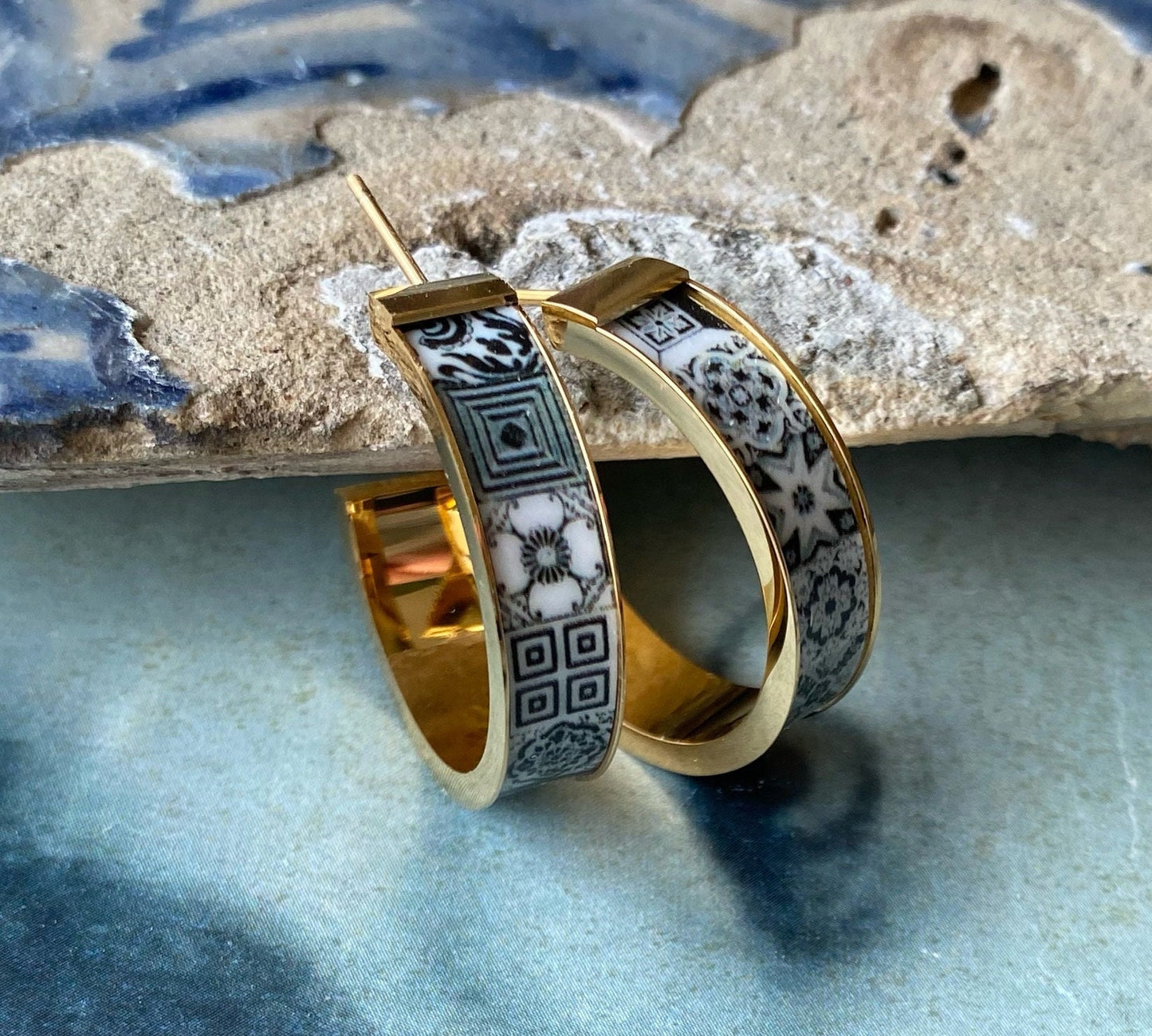 Atrio Hoops Earrings Post Black White Tile Portugal Antique Azulejo STAINLESS Steel Ships from USA 1" Gold or Silver