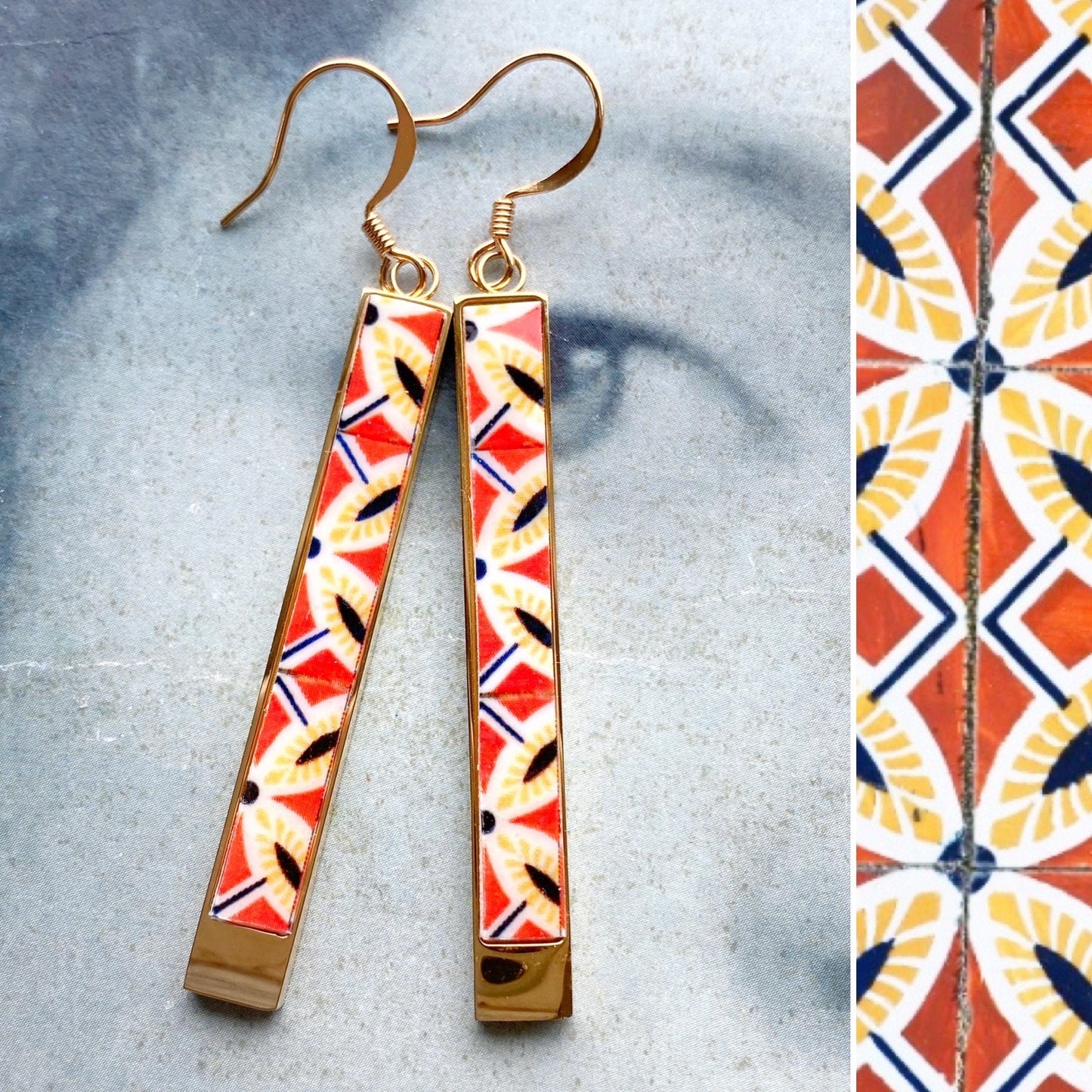 Atrio Earrings Matchstick Tile Portugal Red Earrings Tribal Earrings Ethnic Earrings Ethnic Hoops - Aveiro Red Gift Boxed USA Shipping