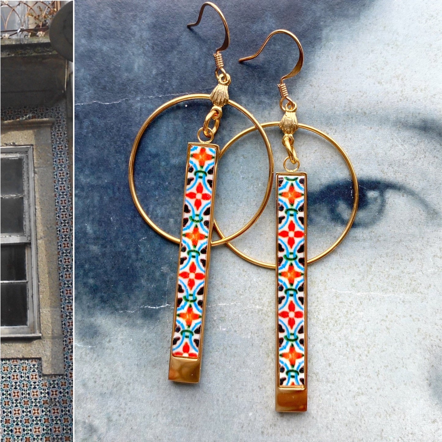 Atrio Earrings Portugal Circle Bar Antique Azulejo Tile BRAGA Green and Orange! Stainless Steel Atrio Earrings Portugal Earring