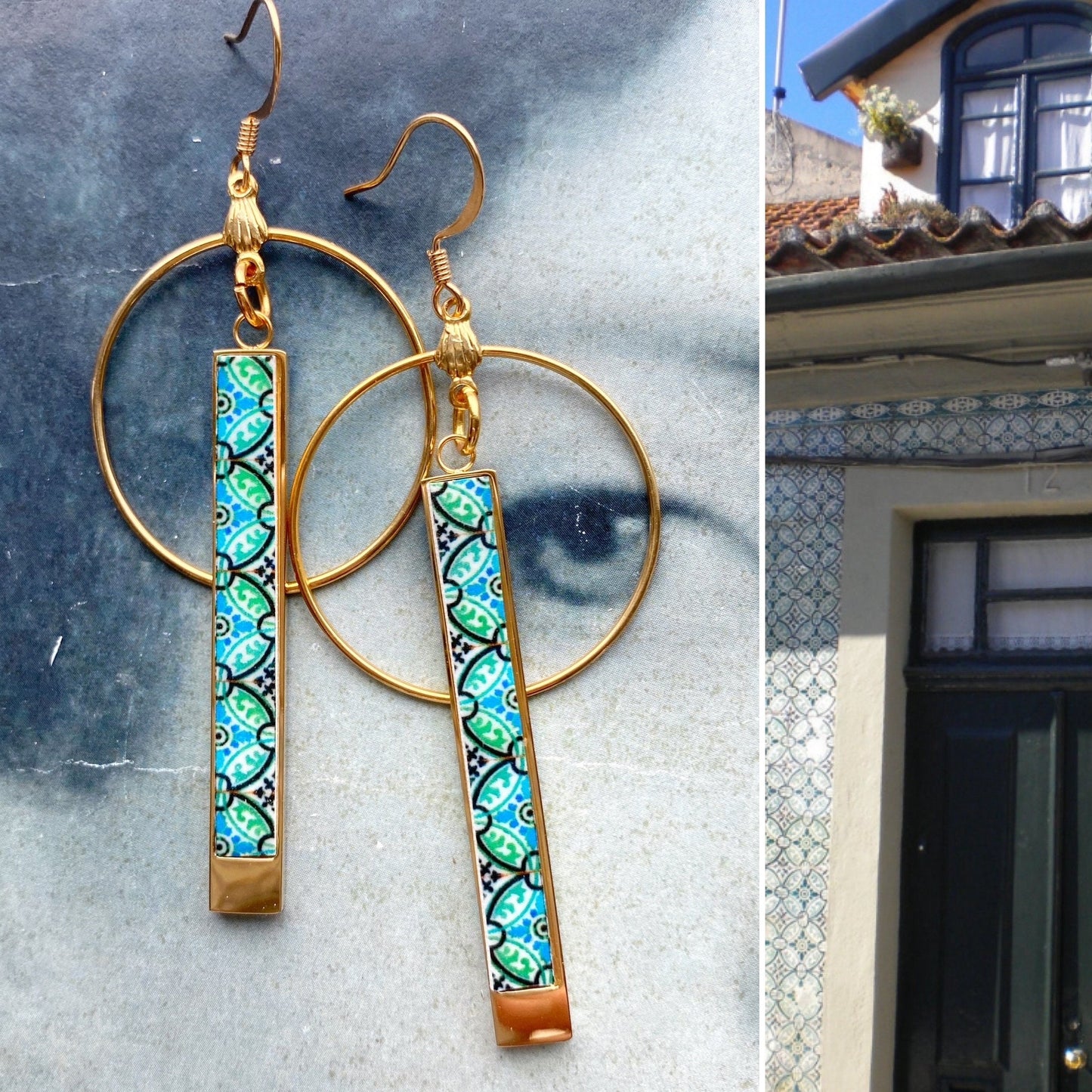 Earrings ATRIO Circle Bar Tile Portugal Sage Green Stainless Steel Antique Azulejo - Turquoise Minimal Ships from USA Gold or Silver
