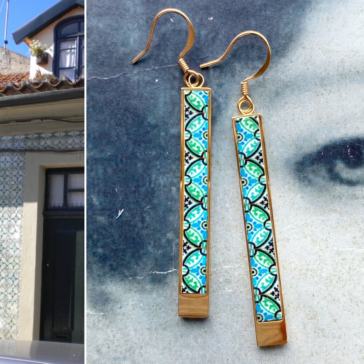 Earrings ATRIO Bar Tile Portugal Sage Green Stainless Steel Antique Azulejo - Turquoise Minimal Ships from USA Gold or Silver