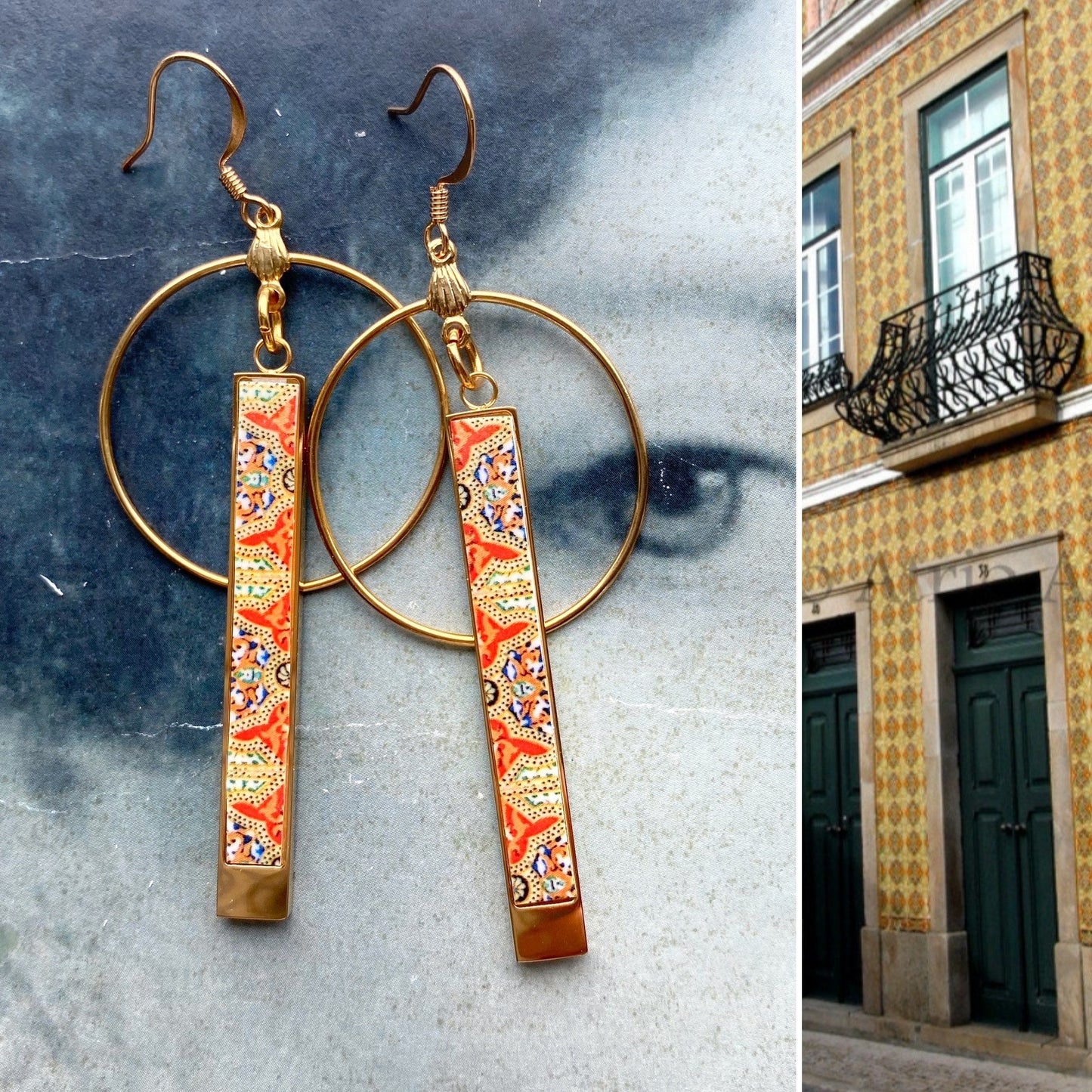 Atrio Earrings Red Tile Circle Bar Portugal Antique Azulejo Ovar Gold or Silver Stainless Steel Persian Arab Tiles Tribal Gold Orange