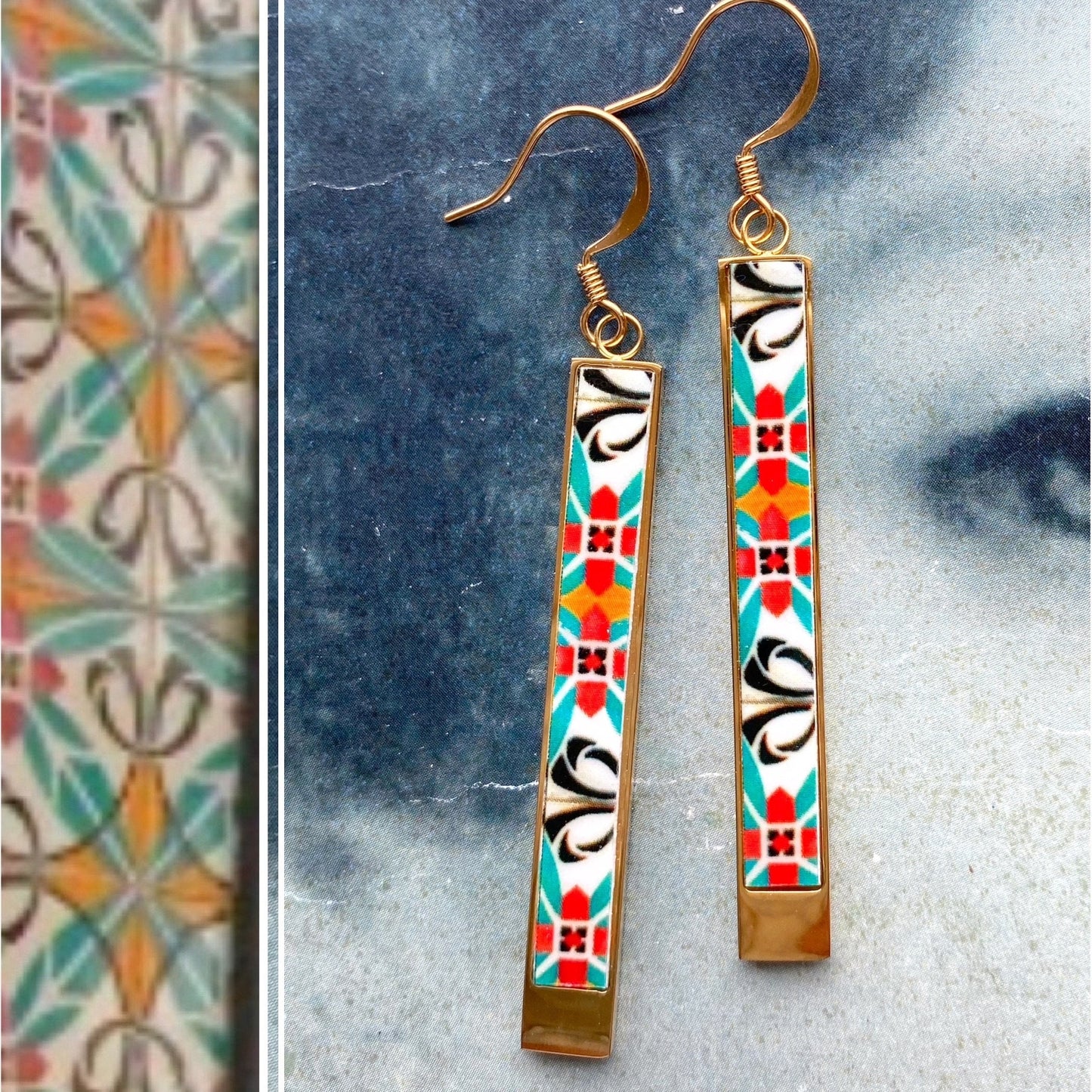 Atrio Earrings Tile Bar Atrio Portugal Tile Azulejo Portuguese SOLID Stainless Steel Ilhavo Aveiro Persian Gift Box included
