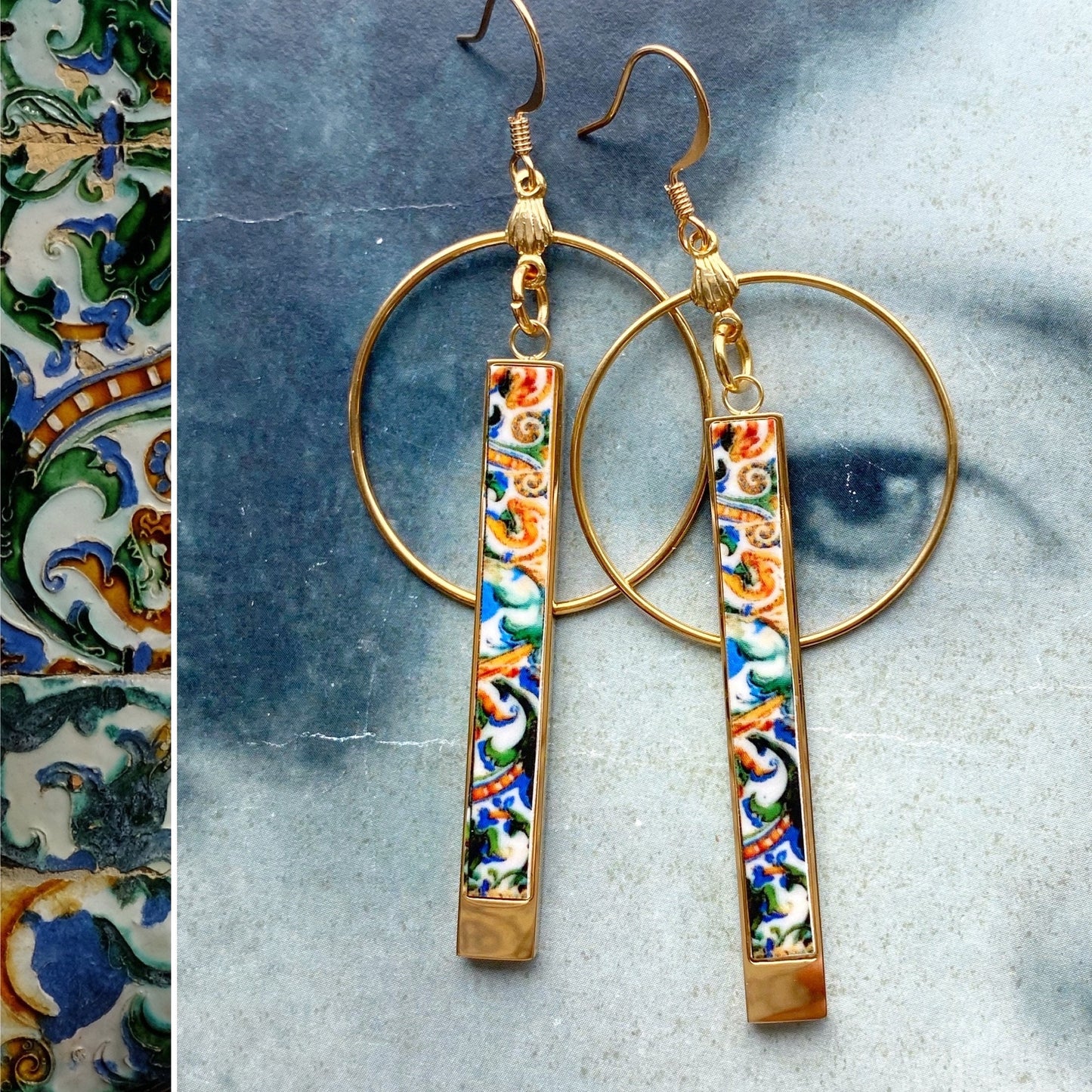 Atrio Hoop Earrings Ethnic Hoops Persian Hoops Tiles Quinta da Bacalhôa Azeitão Portugal Majolica Stainless Steel Hypoallergenic Tribal