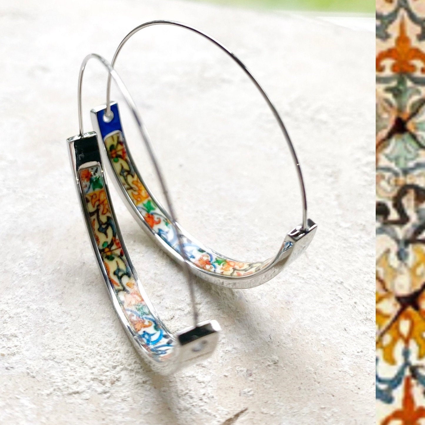 HOOP Earrings ATRIO Portugal Tile Antique Azulejo Pinterest CoIMBRA 1590 Stainless Steel 1.50” Gift Box Included Ships from USA Silver Tone