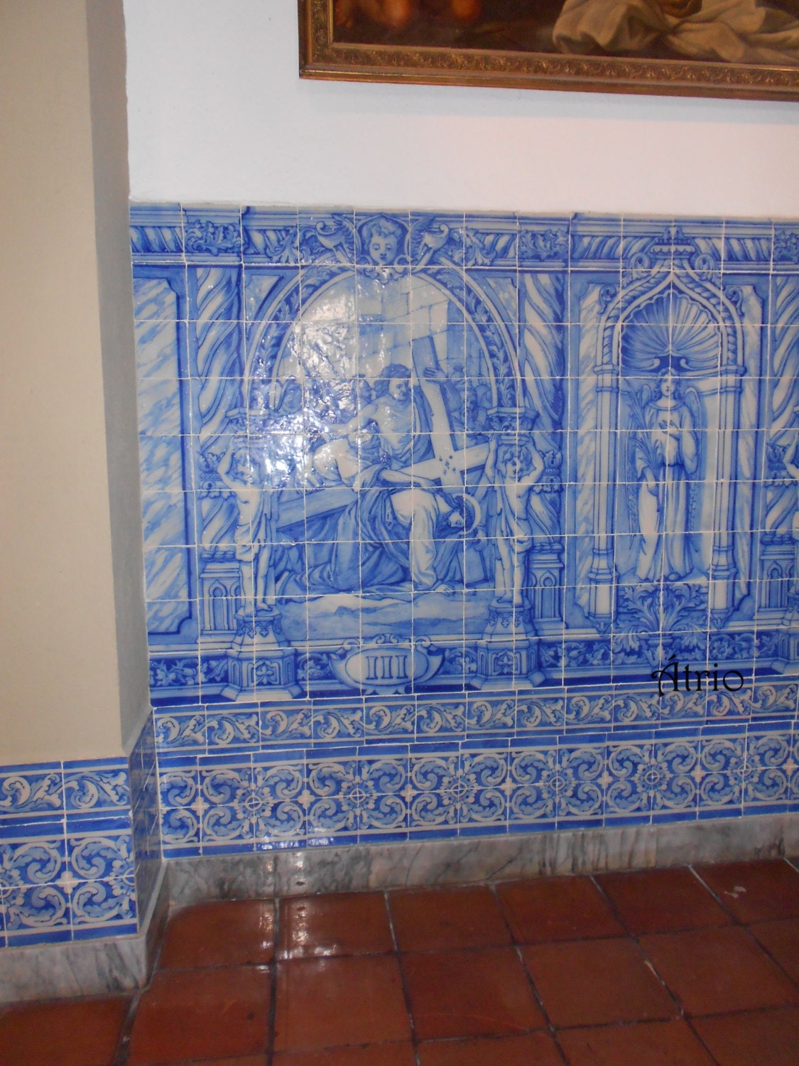 Hoop Earrings Portugal Tile Atrio Stainless Steel Azulejo 1.75" - Évora Chapel of the Bones 16th Century - USA Shipping