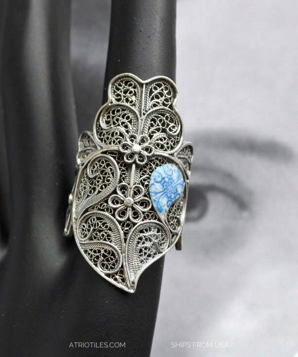 Atrio Ring Filigree Portugal SILVER  Teardrop of Saudade Tile Heart of Minho Viana - Portuguese SILVER - Adjustable - USA Shipping