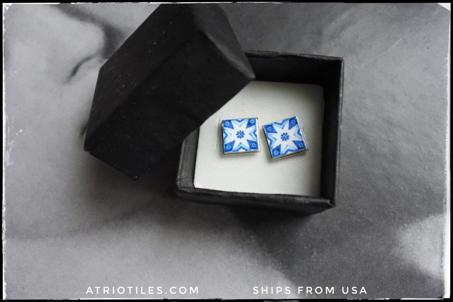 Atrio Stud Earrings Atrio Tile Portugal Blue Azulejo  -Solid Stainless Steel - Gift Box Included - Ships from USA Minimal