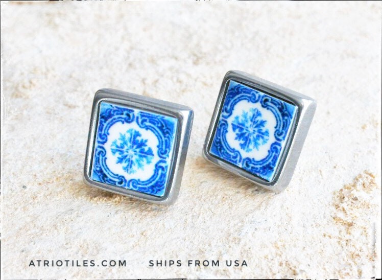 Stud Earrings Tile Portugal Blue SOLID Stainless Steel Posts ATRIO Ovar - Blue Hypo Allergenic Gift Box Included Ships from USA 439