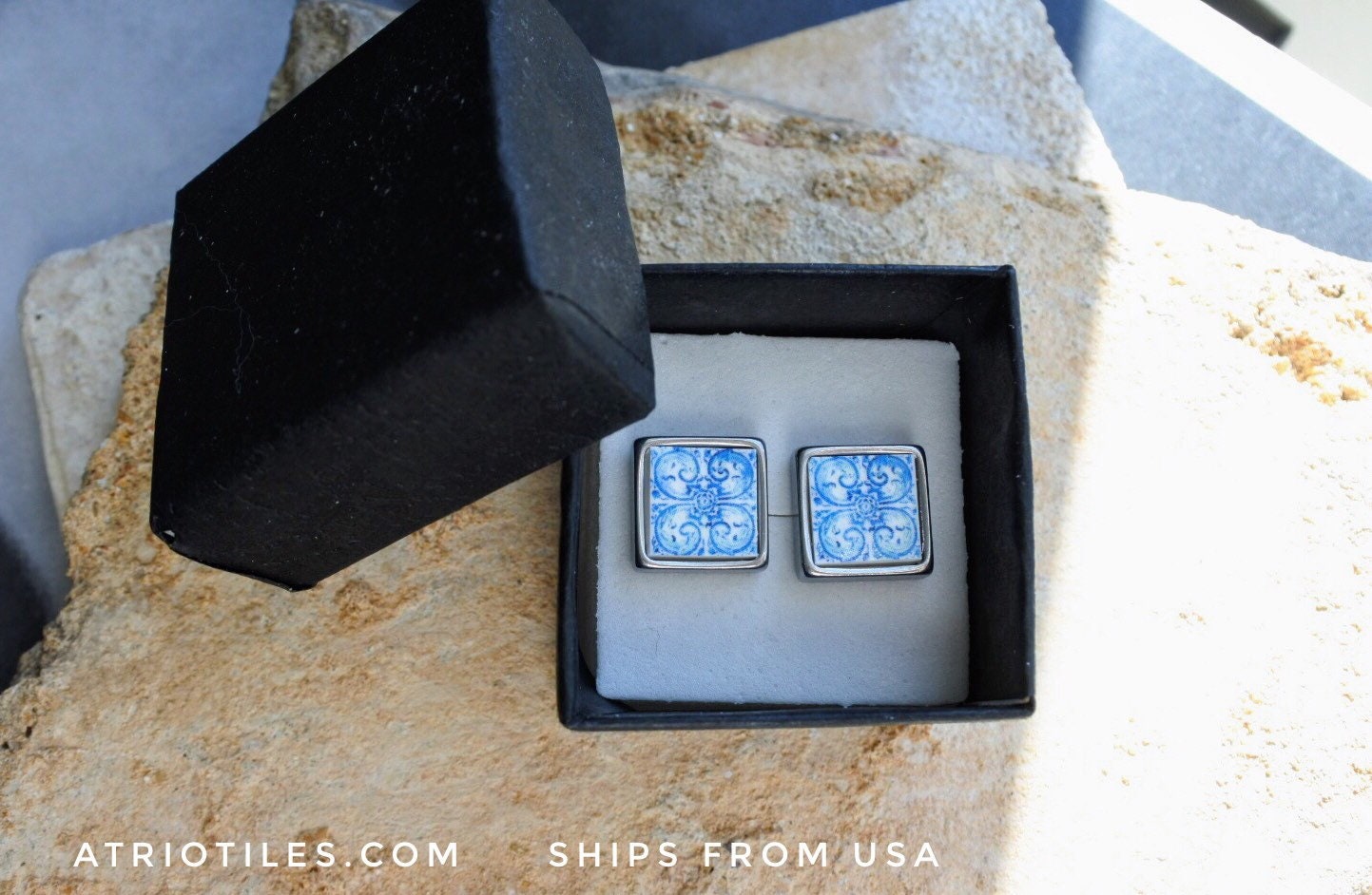 Stud Post Earrings Portugal Tile Atrio SOLID Stainless Steel Blue Antique Azulejo  Ovar Gift Box Included -  Ships from USA 621