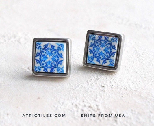 Stud Earrings Tile Atrio Portugal SOLID Stainless Steel Antique Azulejo Blue  - Church of Mercy PoRTO Post Ships from USA 585